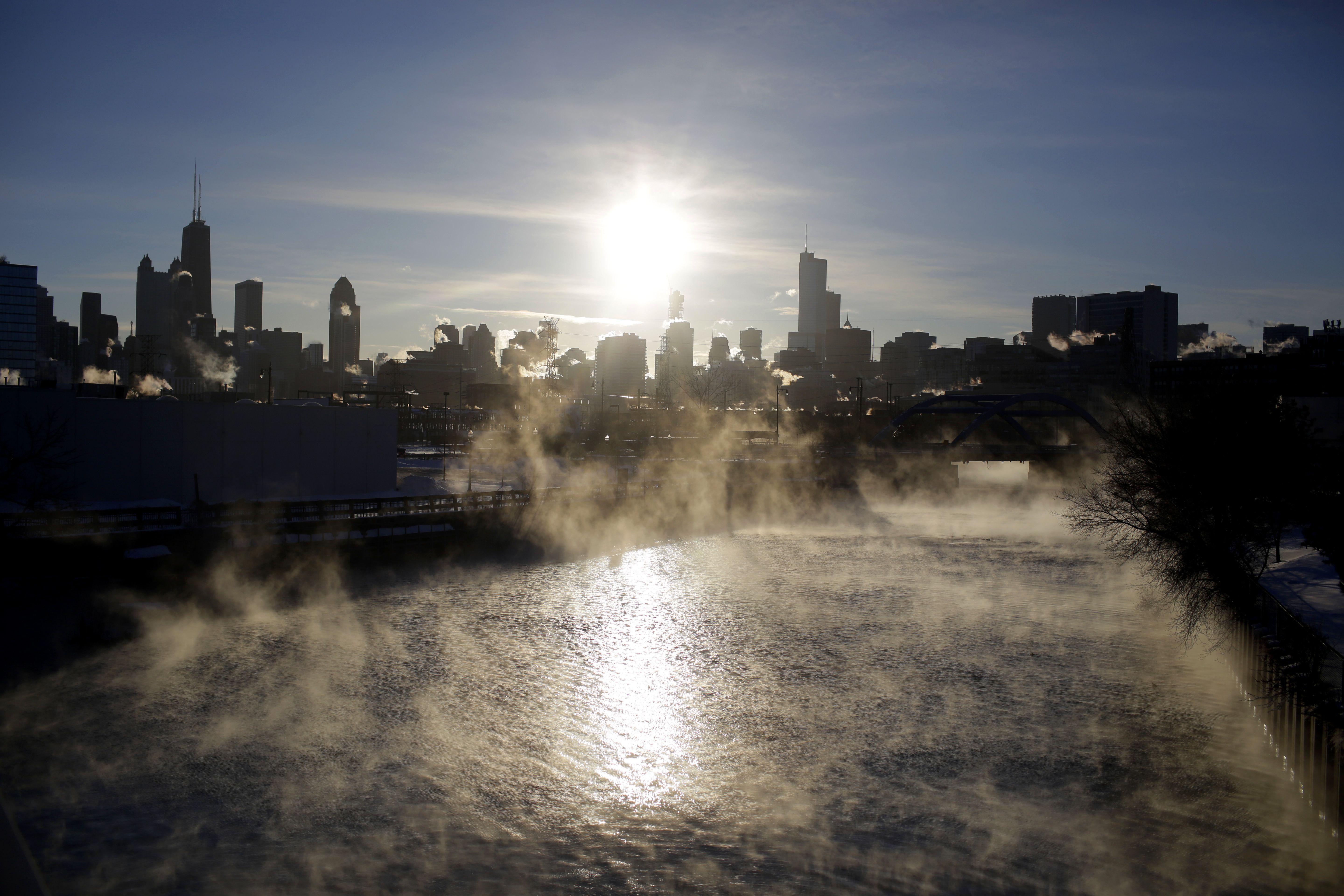 Steam rising from the Chicago river because the air is so cold. 