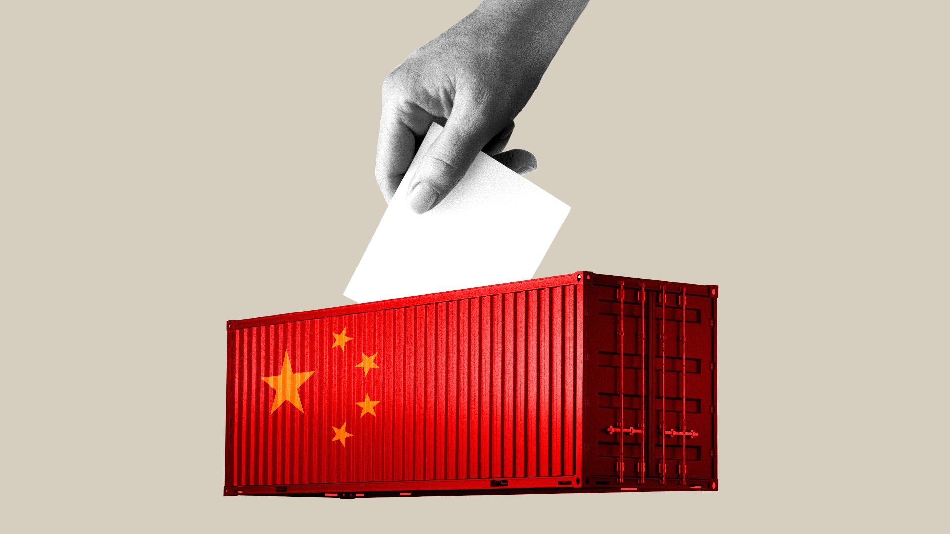 Illustration of a hand casting a ballot into a shipping container with a Chinese flag on it