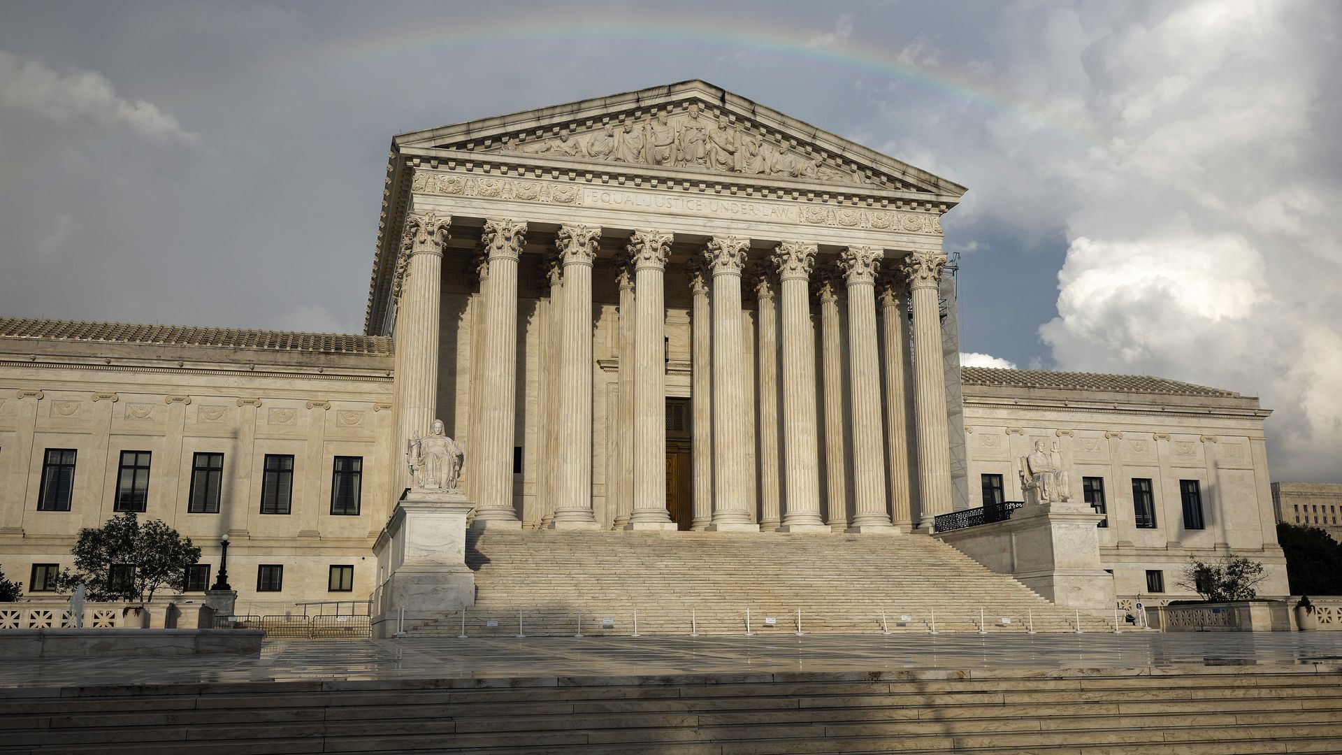 WASHINGTON, DC - JULY 30: A rainbow and passing storm clouds are seen over the U.S. Supreme Court on July 30, 2024 in Washington, DC. President Biden is calling for Supreme Court reforms including term limits for the Justices, a binding code of ethics for the court and is calling on lawmakers to pas