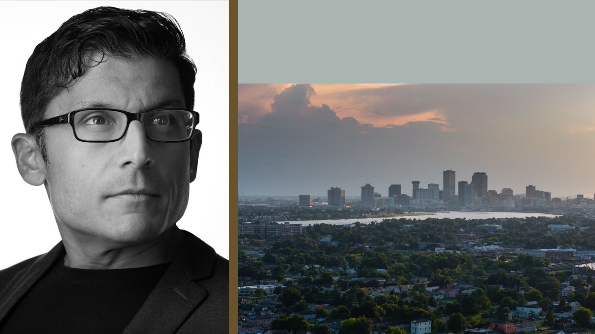 Left: black-and-white head-and-shoulders portrait of a man wearing rectangular glasses, looking to the right. Right: city skyline by a river at sunset, separated by a brown vertical divider.