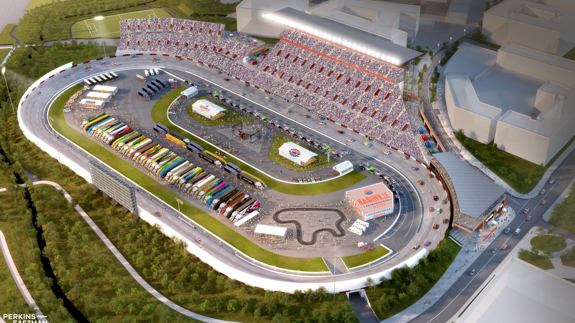 An aerial rendering of proposed renovations to the Nashville fairgrounds racetrack.