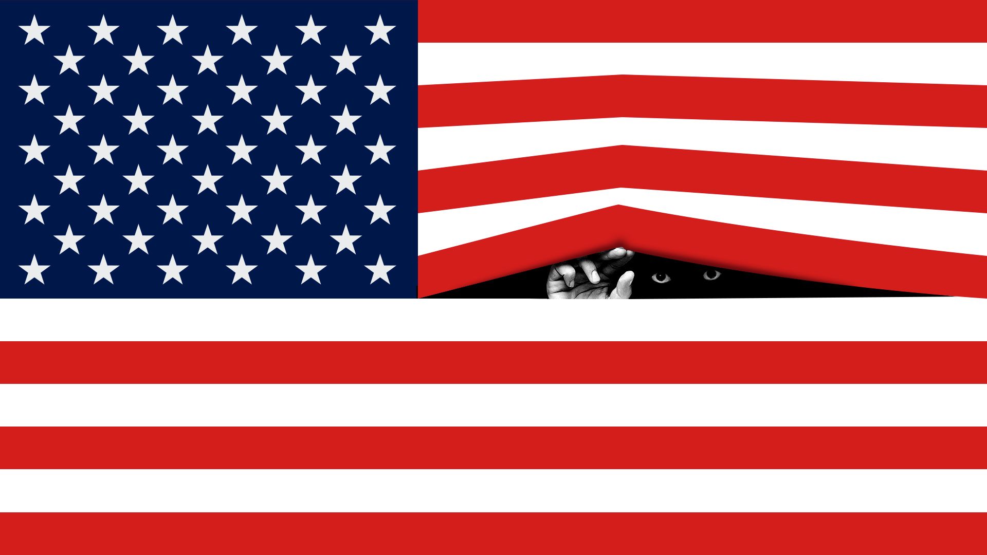 Illustration of the American flag with a hand reaching through as if the stripes were blinds, and a pair of eyes peeking through.