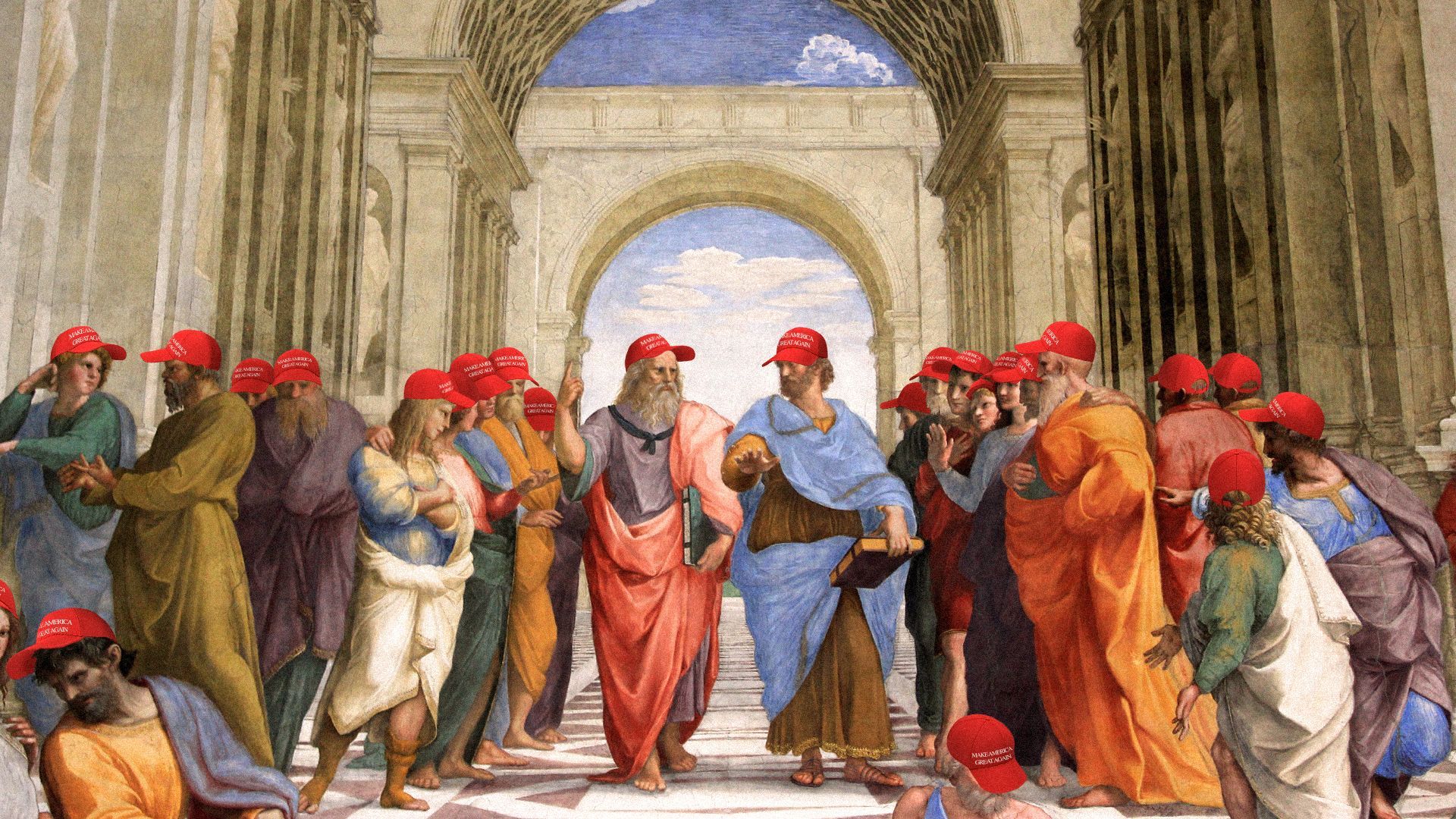 Illustration of The School of Athens by Raphael with all the figures in the painting wearing red MAGA hats.