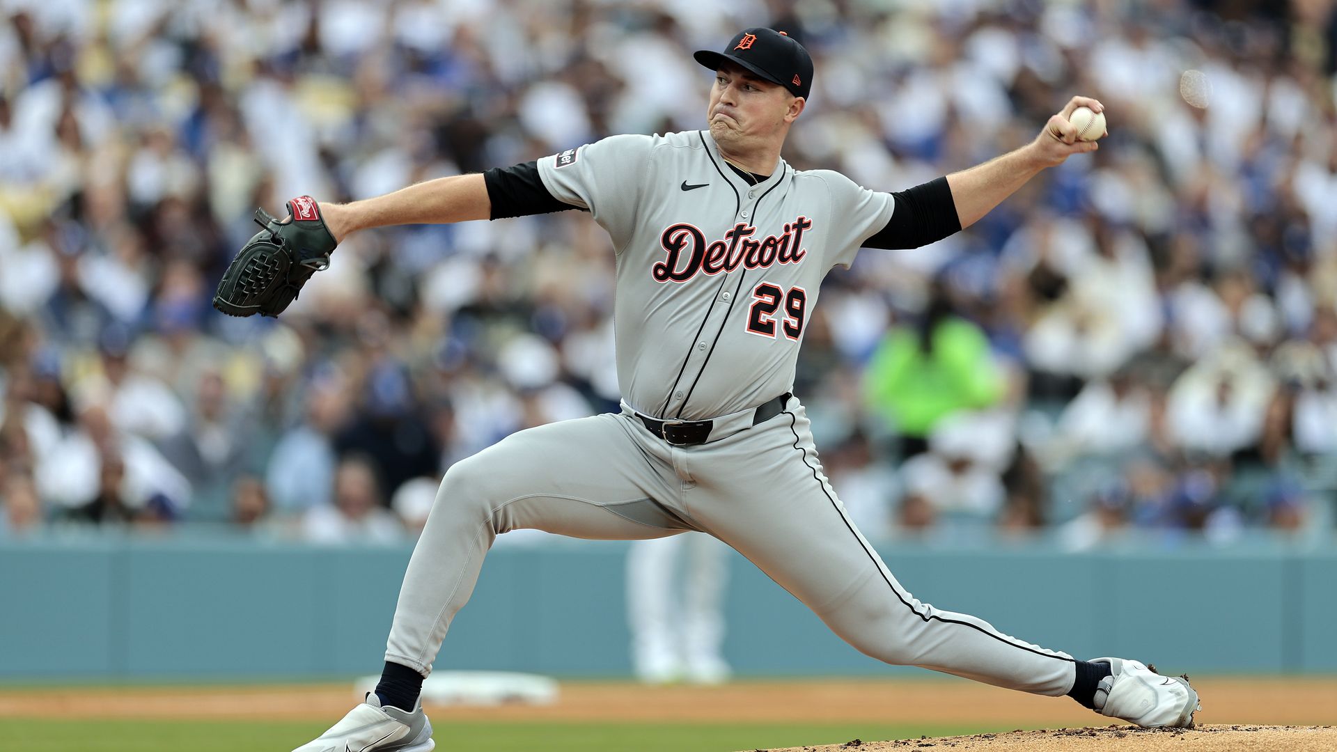 The Tigers' Tarik Skubal pitches in the first inning against the Dodgers. 