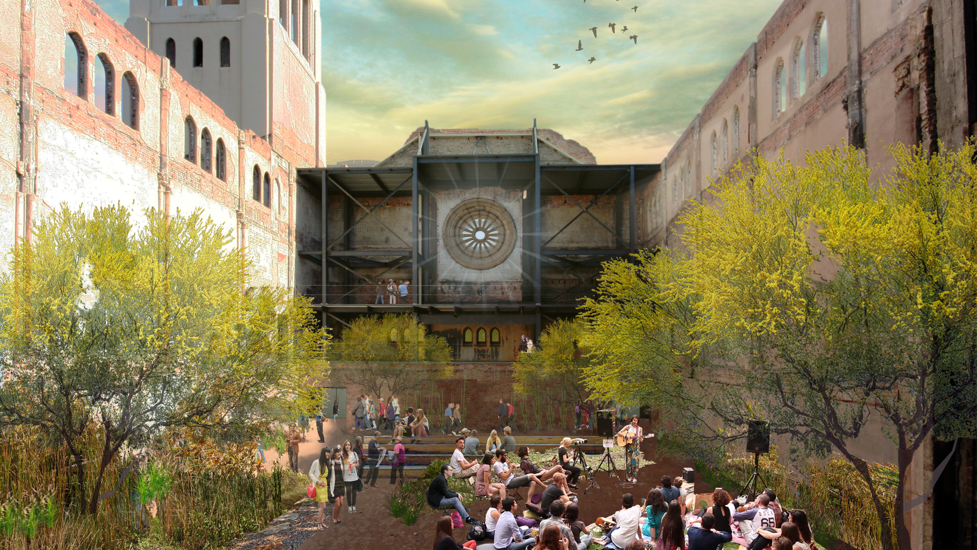 An artist's rendering of people gathered in an open tree lined courtyard of a building. 