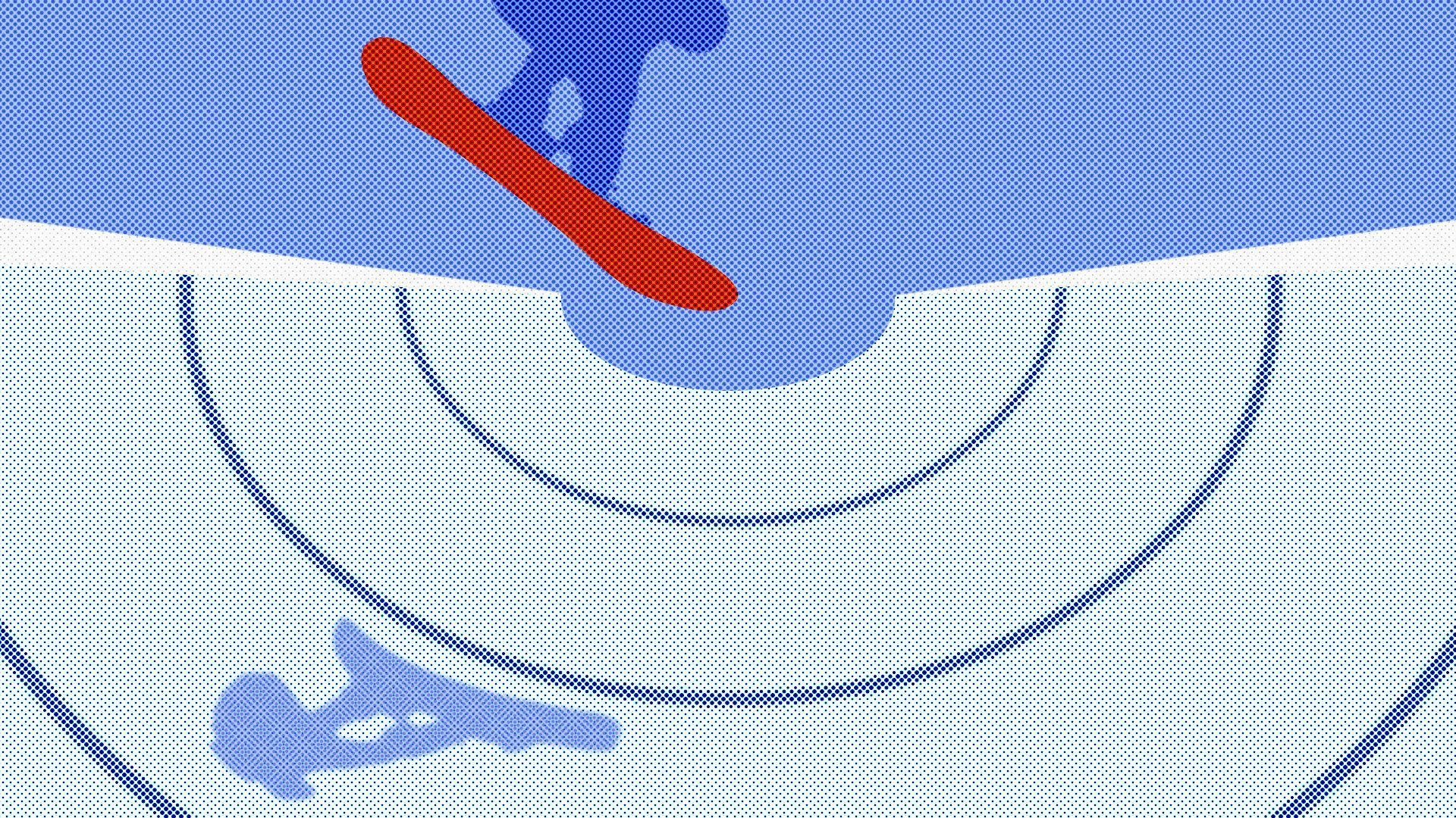 Illustration of a snowboarder in the air above a halfpipe.
