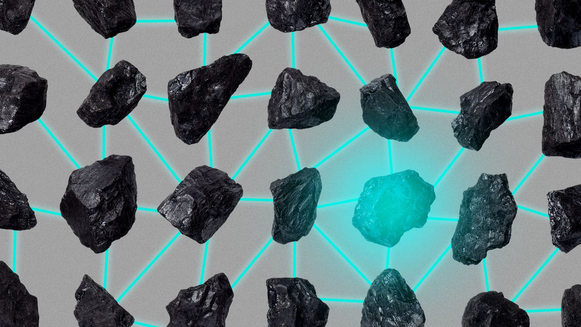 Illustration of a pattern made up of pieces of coal connected by glowing blockchain lines, with one piece of coal glowing.