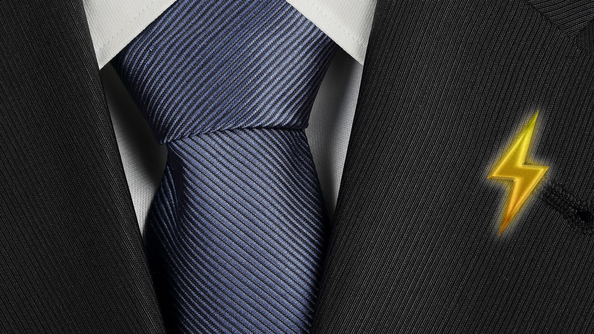 Illustration of a close up suit lapel with a glowing lighting bolt pin