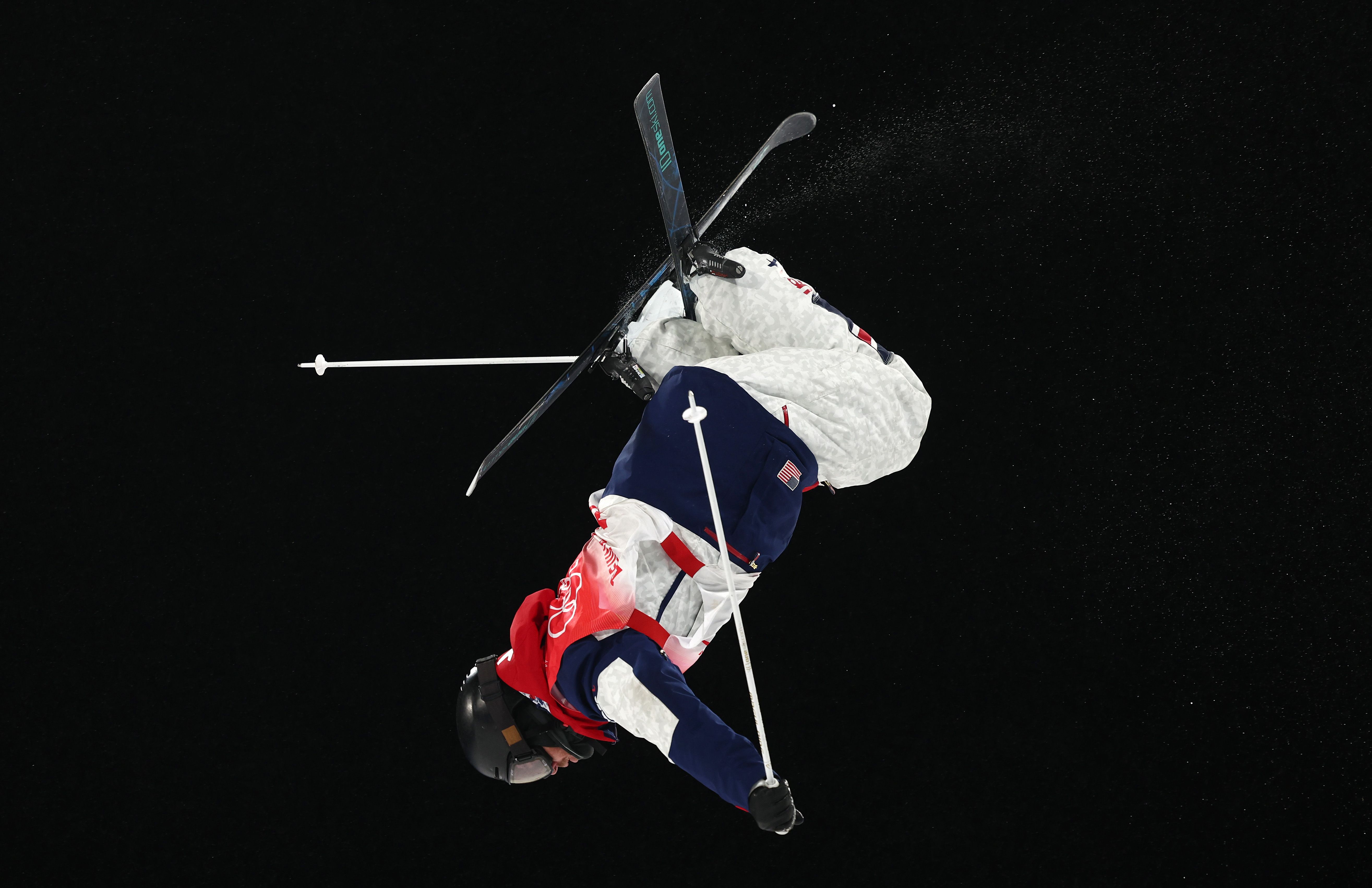  Dylan Walczyk of Team United States performs a trick during the Men's Freestyle Skiing Moguls Qualification during the Beijing 2022 Winter Olympic Games at Genting Snow Park on February 03, 2022 