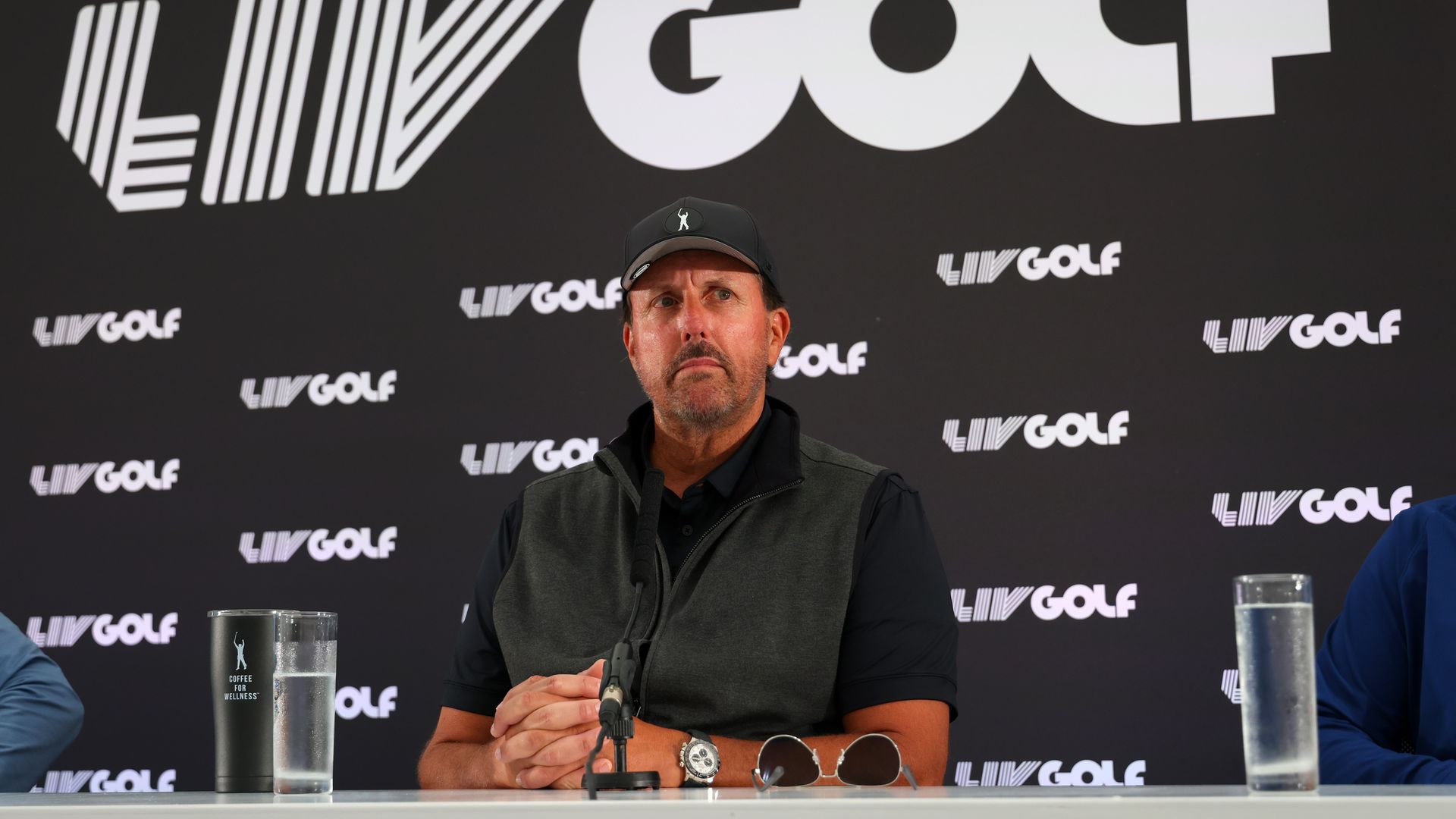 Phil Mickelson looks on during a LIV Golf press conference in London.