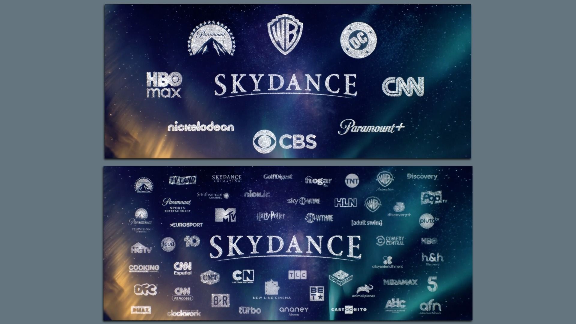 Blue space-themed banner displaying glittery white logos from Paramount, Warner Bros., DC, HBO Max, CNN, Nickelodeon, CBS, Paramount+, with a prominent "SKYDANCE" title in the center.
