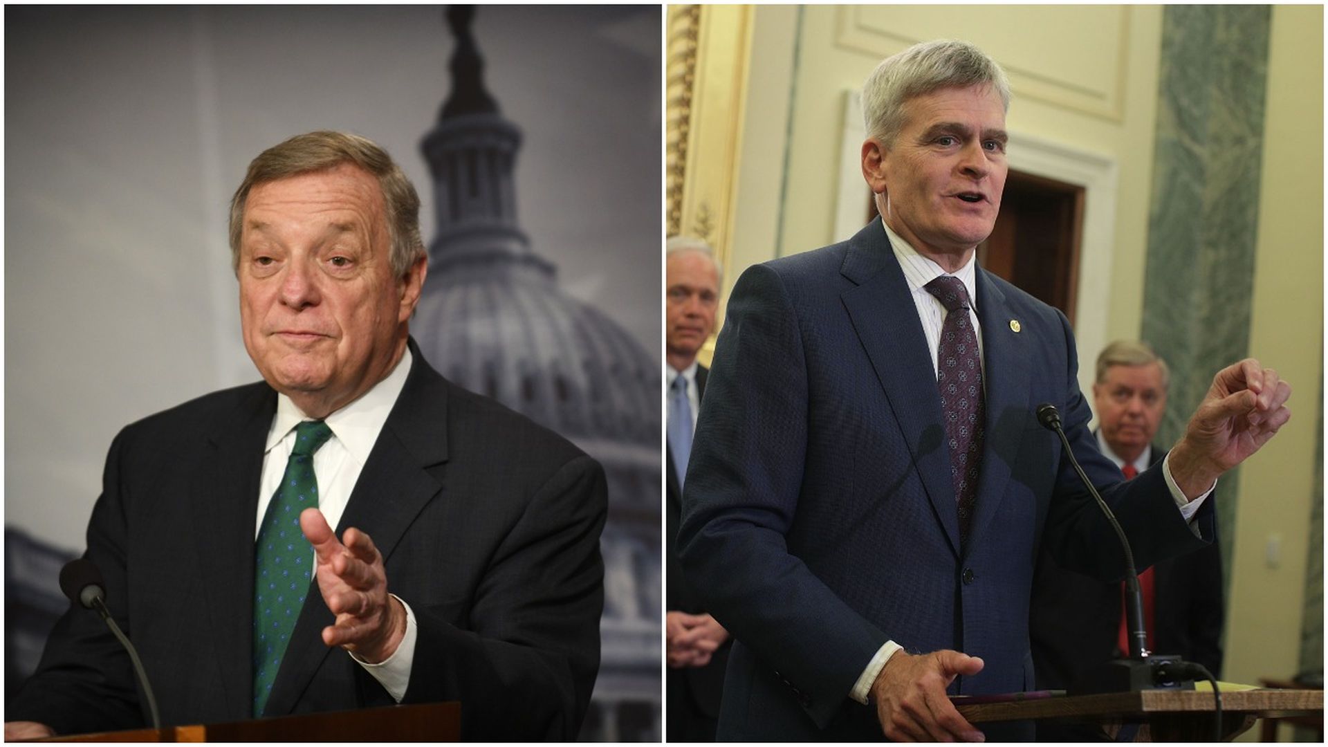 This image is a split scree between Sen. Cassidy and Sen. Durbin, who are both standing in suits and talking with one hand raised.
