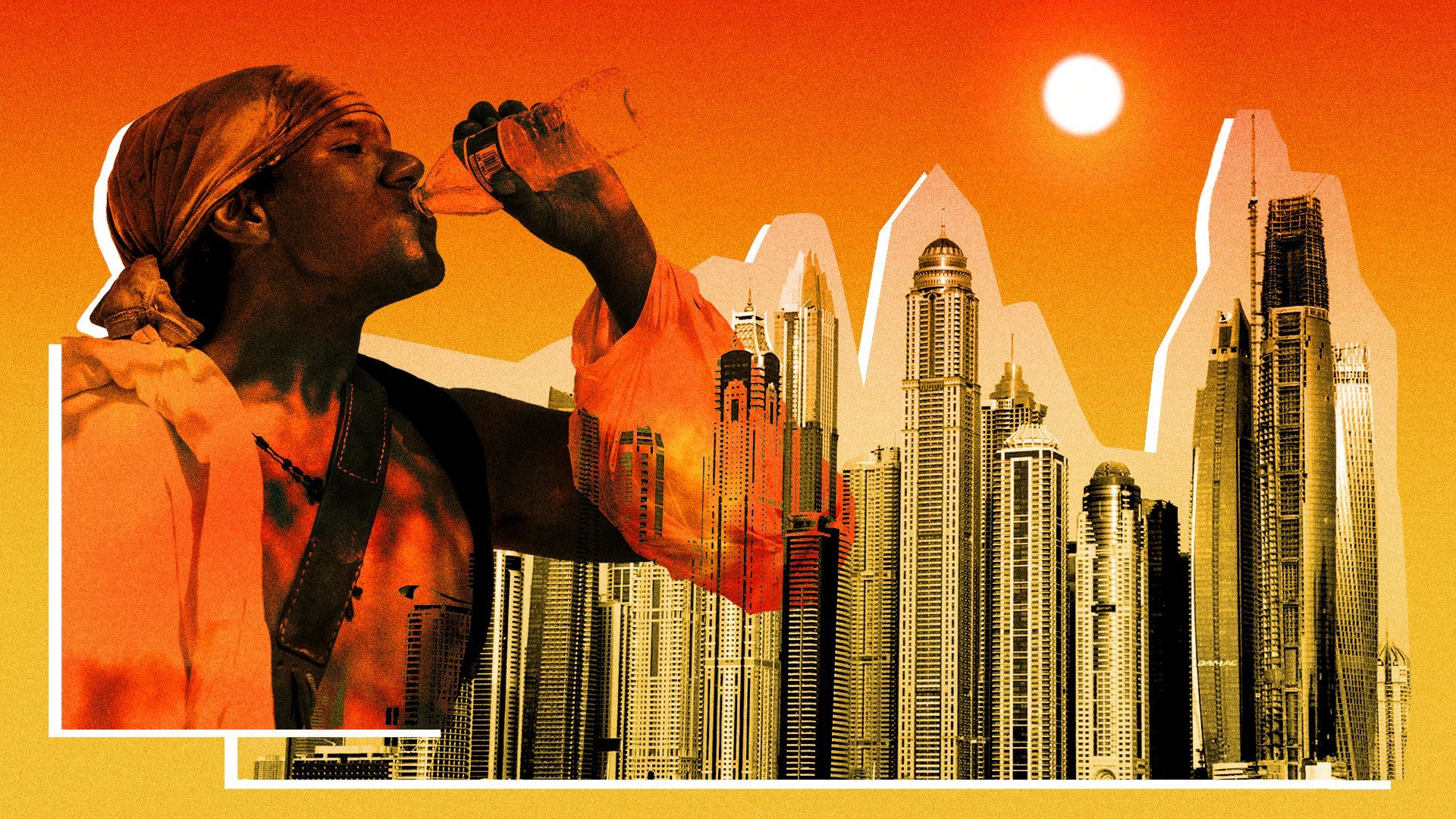 Photo illustration of a person drinking water, the sun and Dubai's skyline.