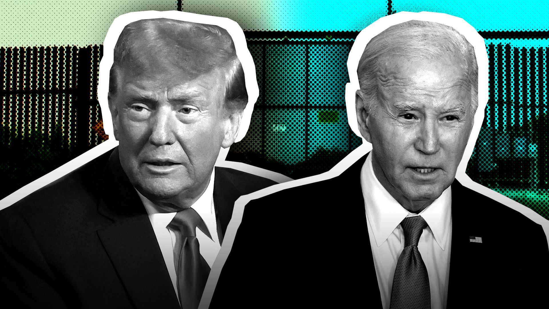 Photo illustration of Biden and Trump looking in different directions in front of a US-Texas border wall.