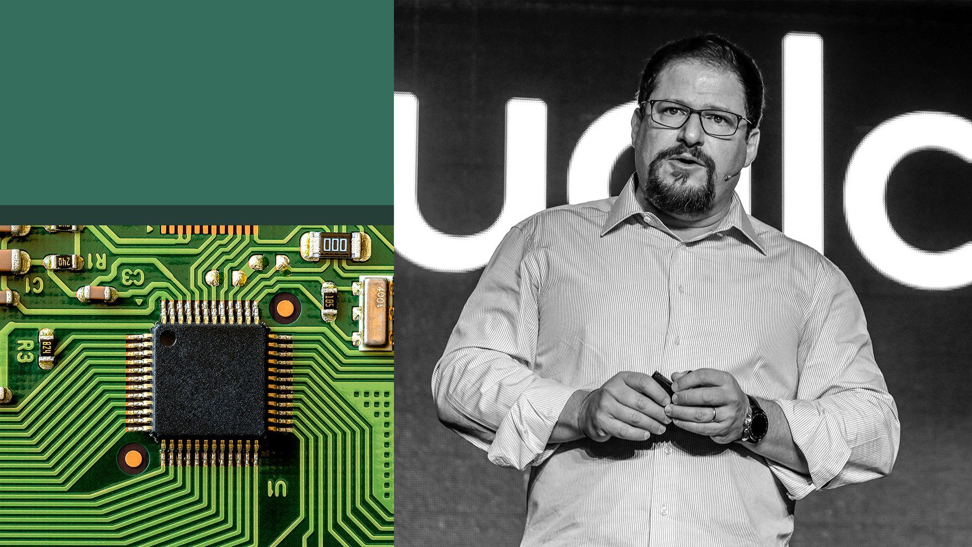 Photo illustration of Cristiano Amon and a computer chip