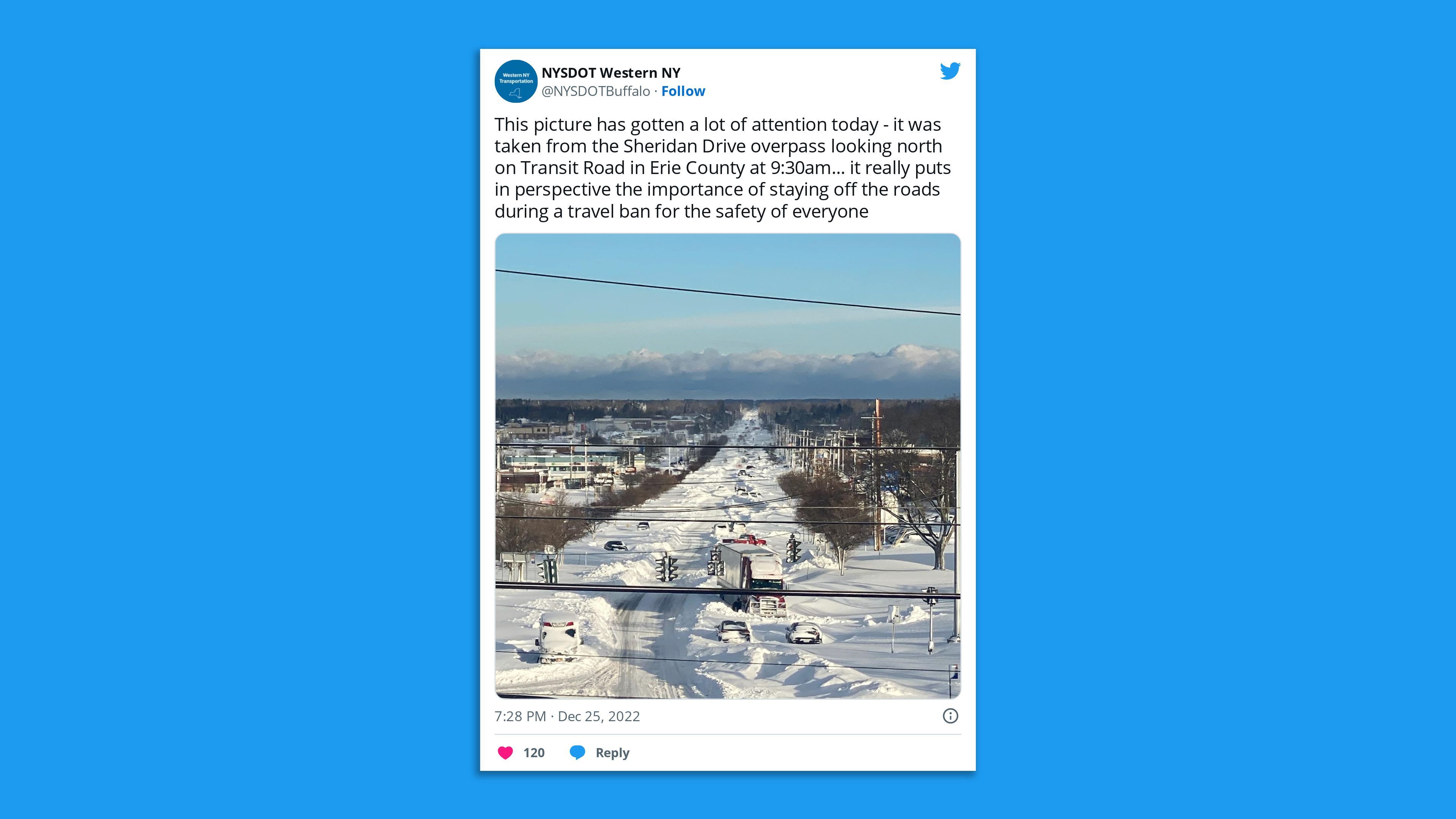 A Screenshot of a New York Department of Transportation tweet showing an image of stranded vehicle as it warns people to stay off the roads.