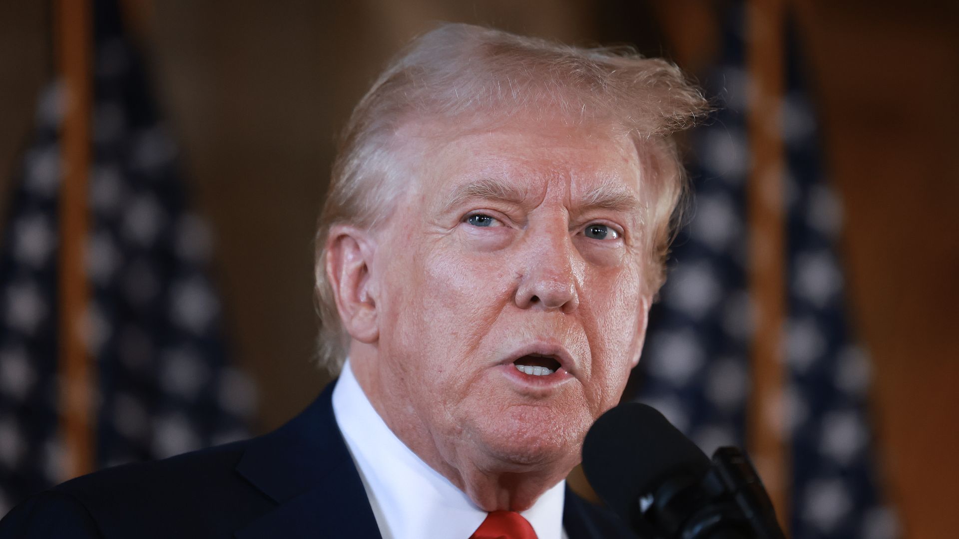  Republican presidential candidate former President Donald Trump speaks during a press conference at his Mar-a-Lago estate on August 08, 2024, in Palm Beach, Florida.