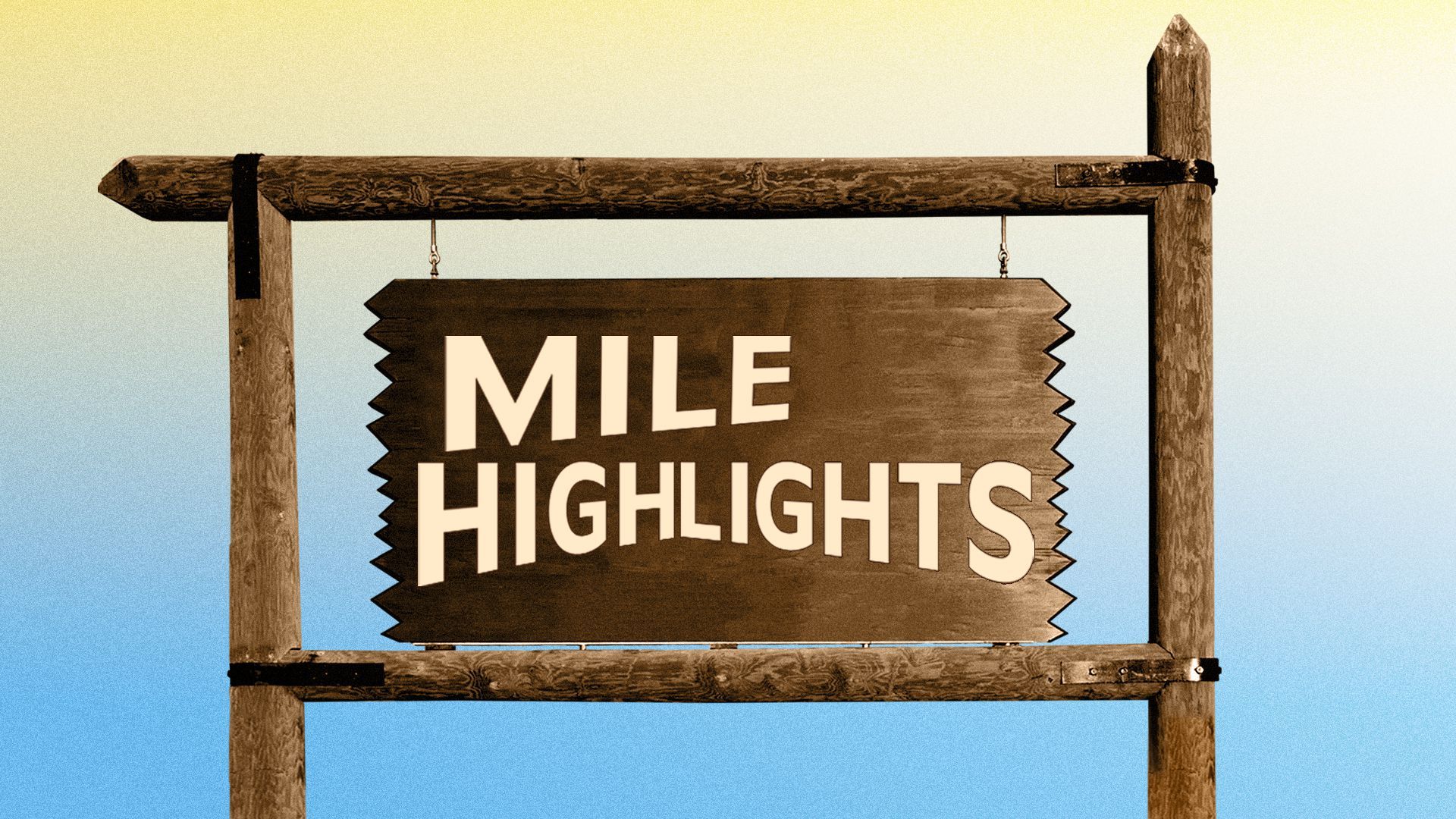 Illustration of "Mile Highlights" on the "Welcome to Colorado" wooden sign.