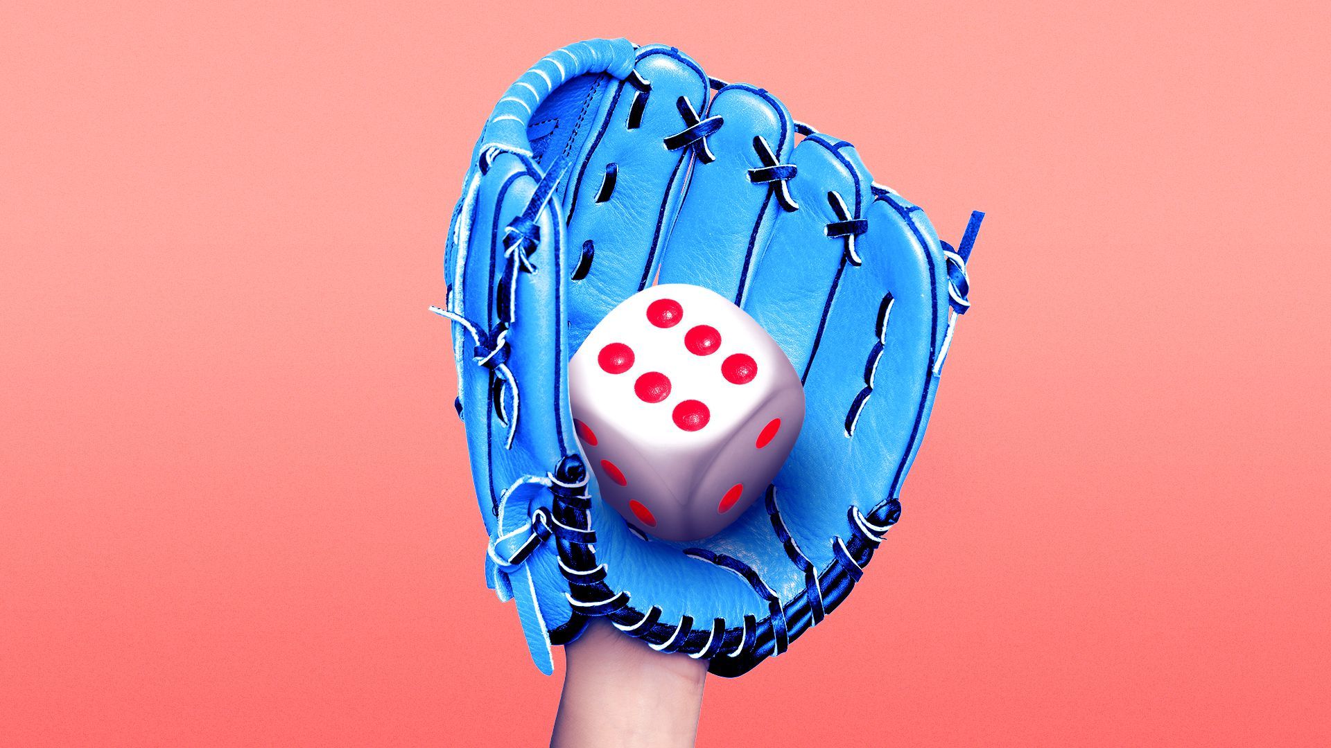 Illustration of a bright blue baseball glove catching a red and white playing dice