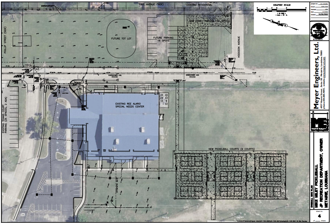 Image shows the site plans for a new pickleball facility in Metairie