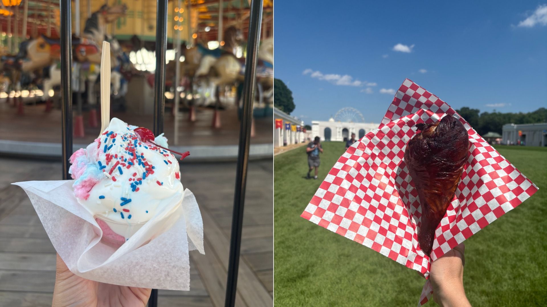 Two-panel image: left shows a vanilla ice cream cone with red and blue sprinkles in a napkin, blurred amusement-park background; right shows a chocolate ice cream cone on a red-checkered napkin, outdoors on green grass under a blue sky.