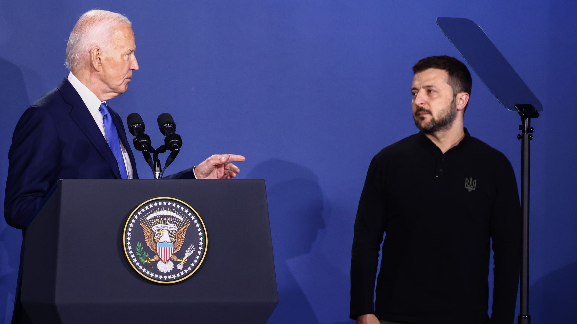  President Biden and Ukraine President Volodymyr Zelenskyy attend the Ukraine Compact meeting during the 75th NATO Summit in the Walter E. Washington Convention Center in Washington, DC, on July 11, 2024. 