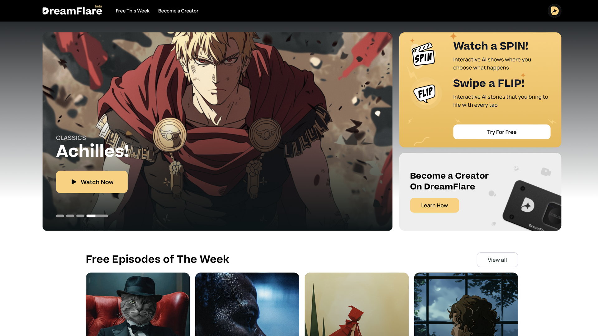 A screenshot of the homepage for Dreamflare