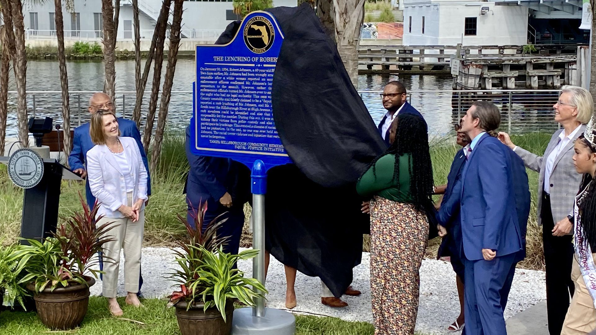 A historical marker on the 1934 lynching of Robert Johnson in Tampa being unveiled in Tampa on Monday.
