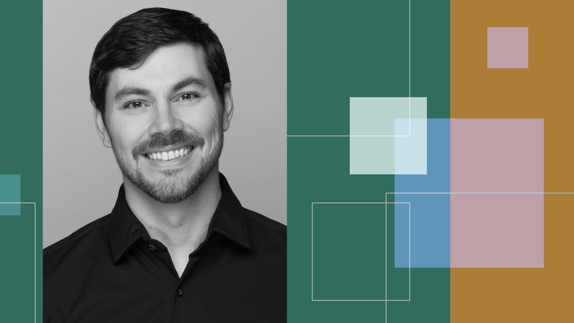 Photo illustration of Diogo Mónica surrounded by abstract shapes.