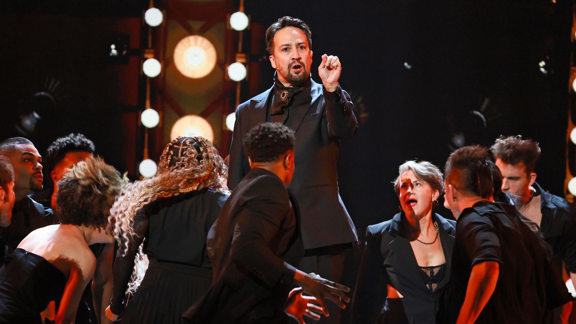 NEW YORK, NEW YORK - JUNE 08: Lin-Manuel Miranda and the cast of "Hamilton" perform onstage during The 78th Annual Tony Awards at Radio City Music Hall on June 08, 2025 in New York City. (Photo by Theo Wargo/Getty Images for Tony Awards Productions)