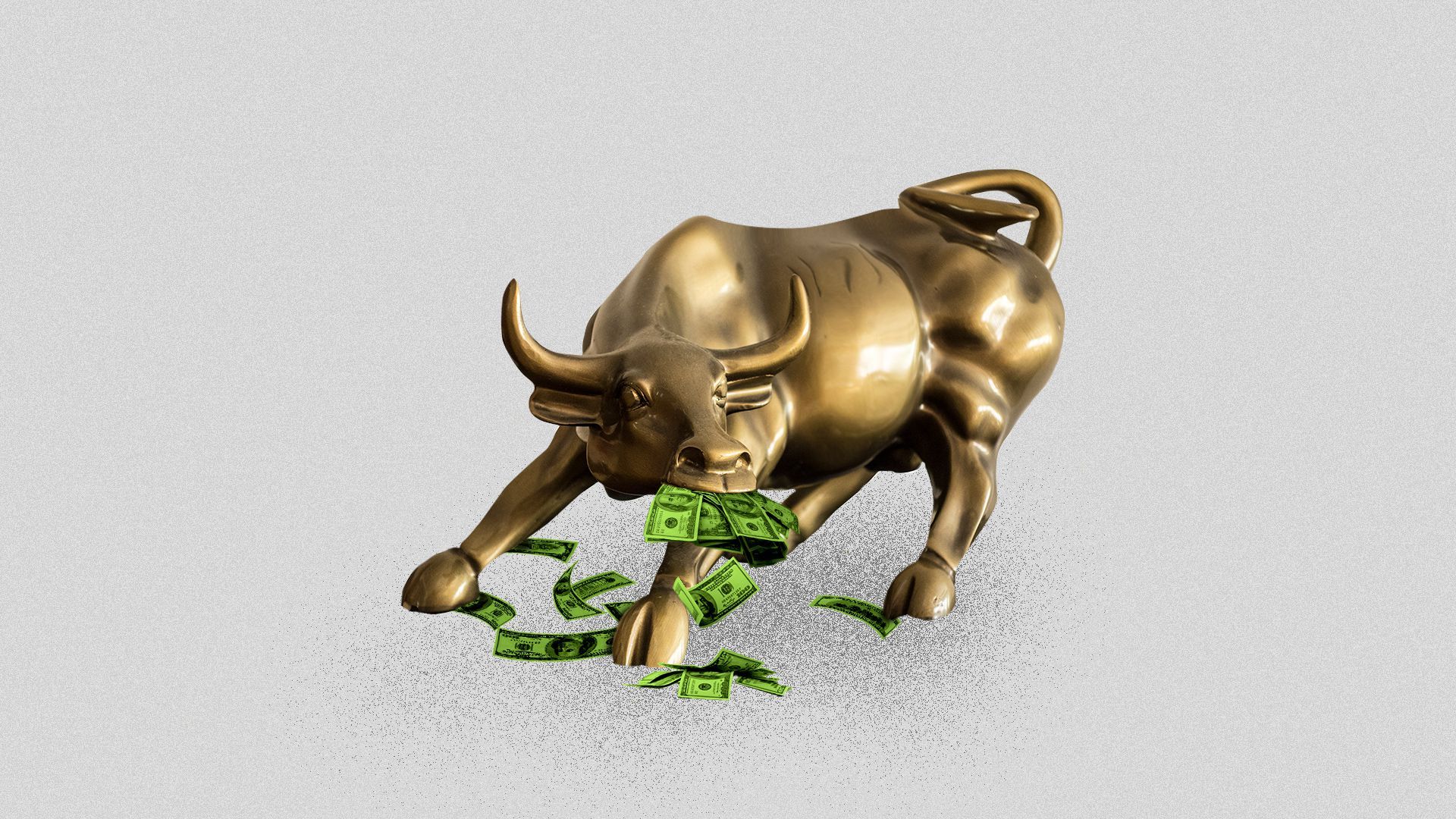 Illustration of the Wall Street bull stuffed full of cash.