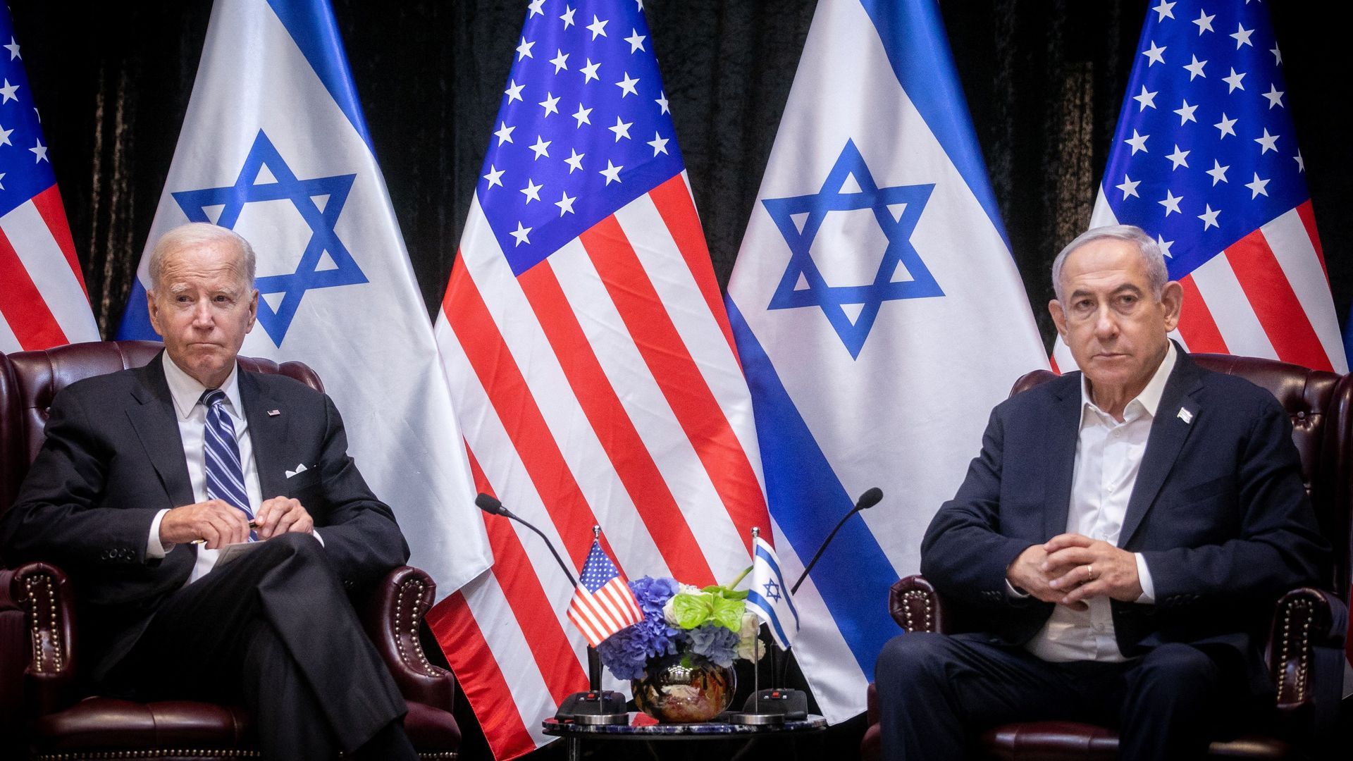 President Biden sits with Israeli Prime Minister Benjamin Netanyahu at the start of the Israeli war cabinet meeting in Tel Aviv on Oct. 18, 2023. Photo: Miriam Alster/AFP via Getty Images