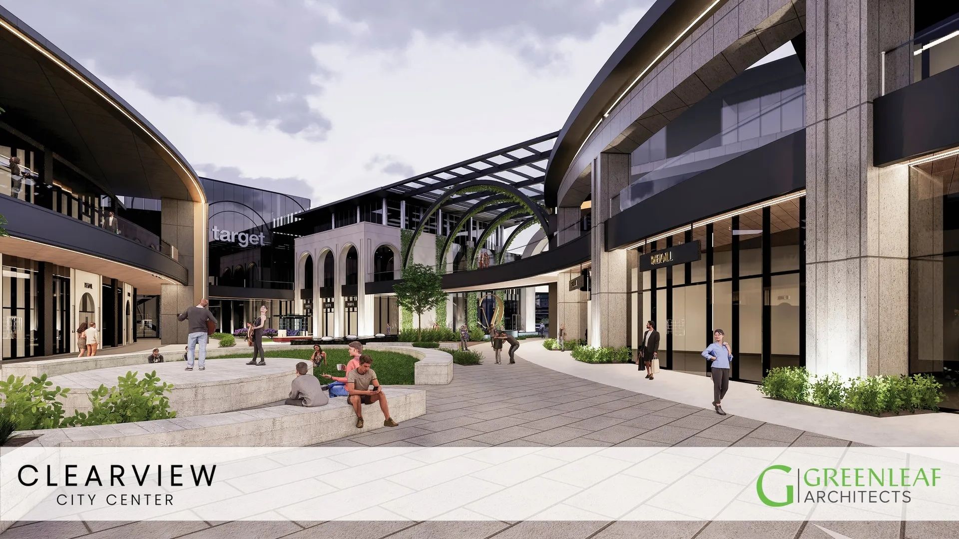 Rendering of Clearview City Center by Greenleaf Architects: a modern open-air shopping plaza with curved beige stone buildings, glass fronts, elevated walkways, green arches, and people.