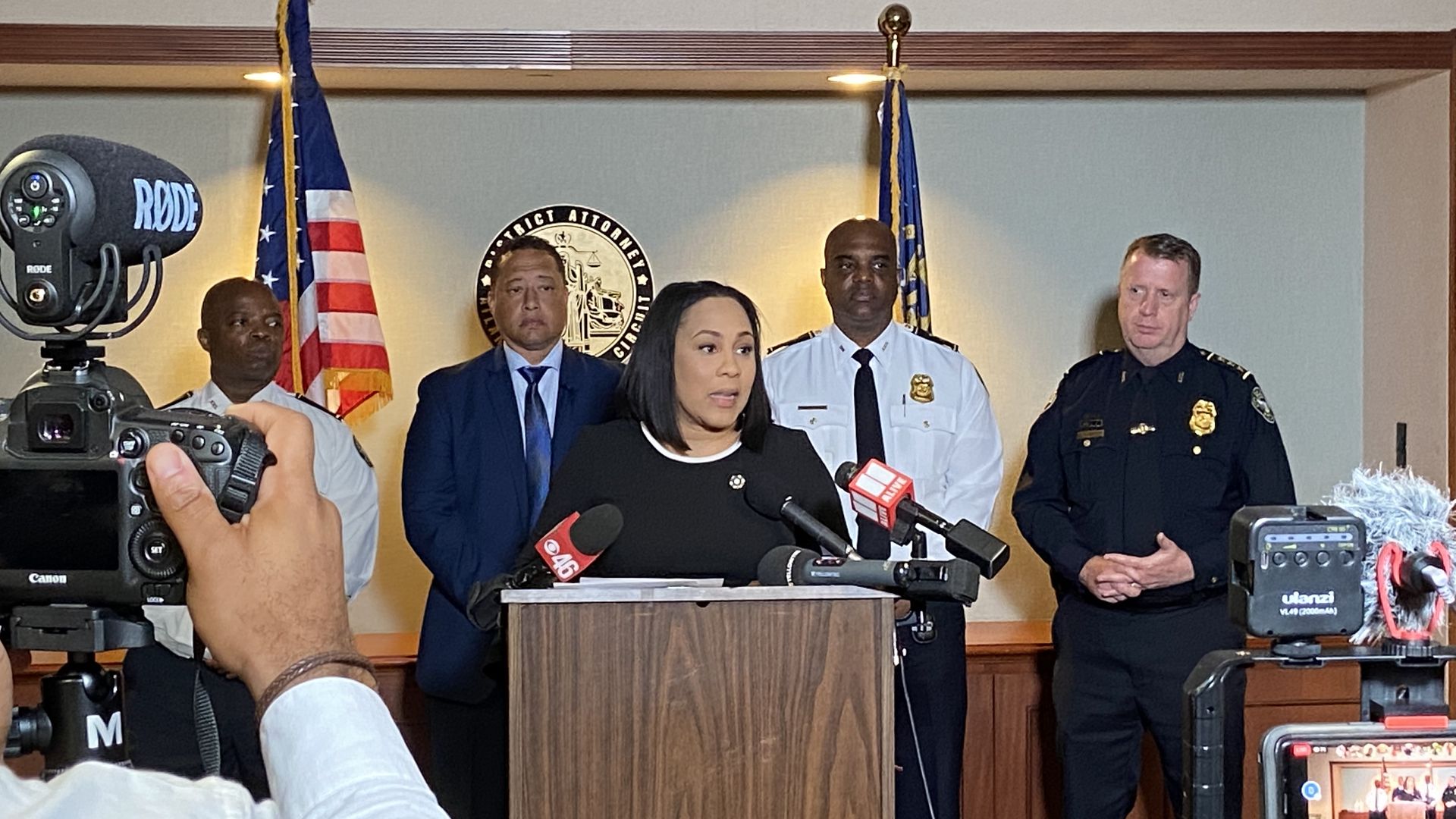 Fulton District Attorney Fani Willis addresses reporters with Sheriff Patrick Labat and Police Chief Rodney Bryant