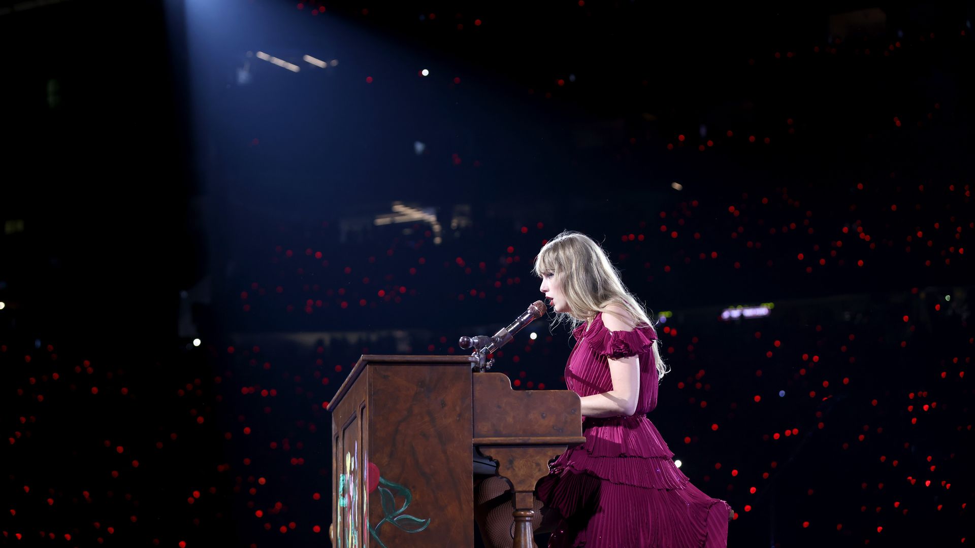 Taylor Swift performs onstage during the Eras tour at Ford Field on June 9 in Detroit