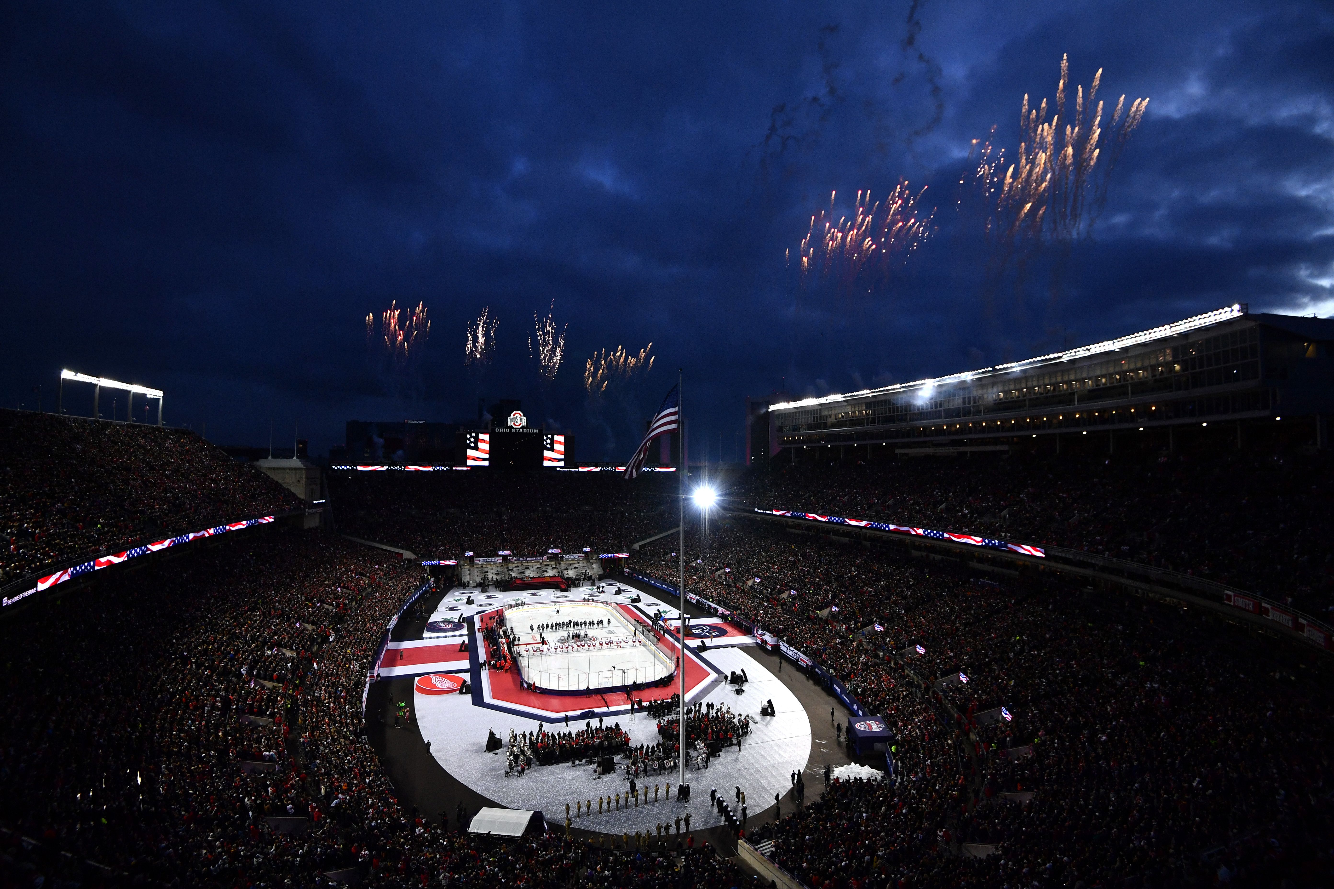 A general view of pyrotechnics during pre-game ceremonies before the NHL Stadium Series game between the Detroit Red Wings and the Columbus Blue Jackets at Ohio Stadium.