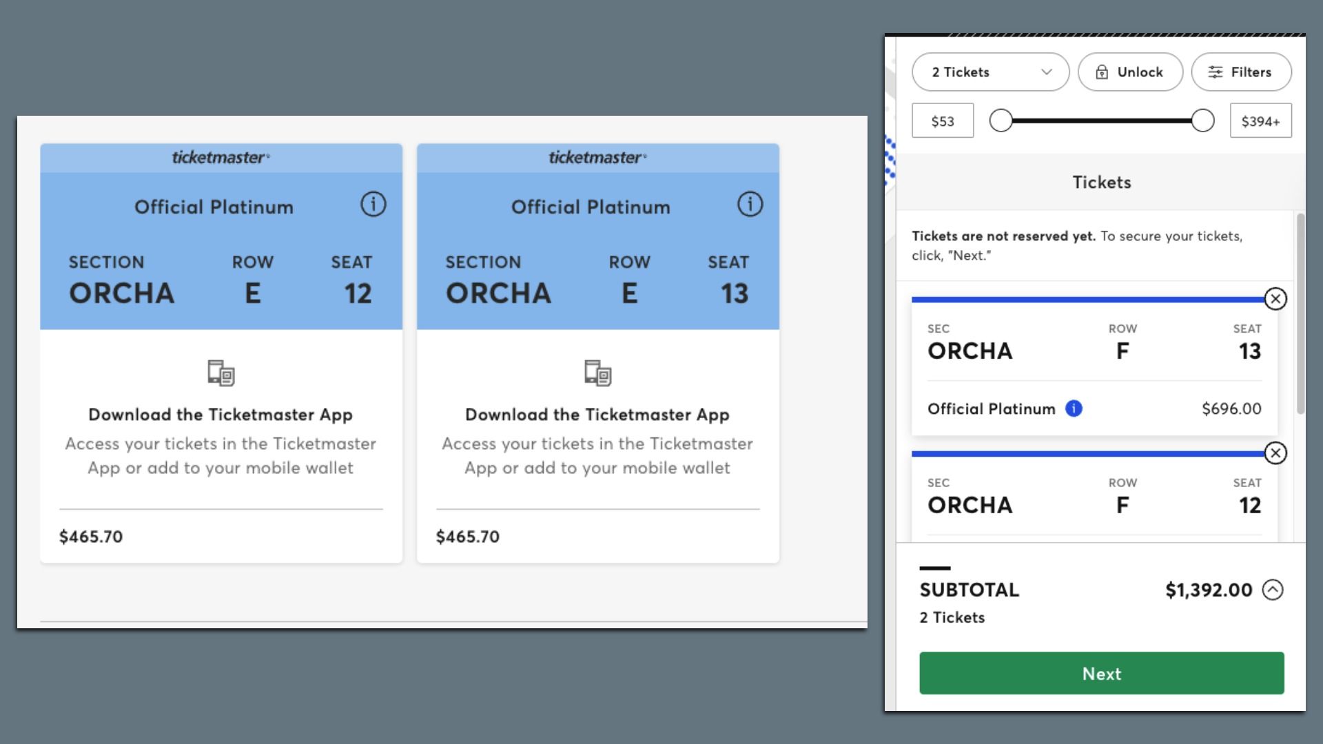 Screenshots of tickets to a Rod Stewart conert