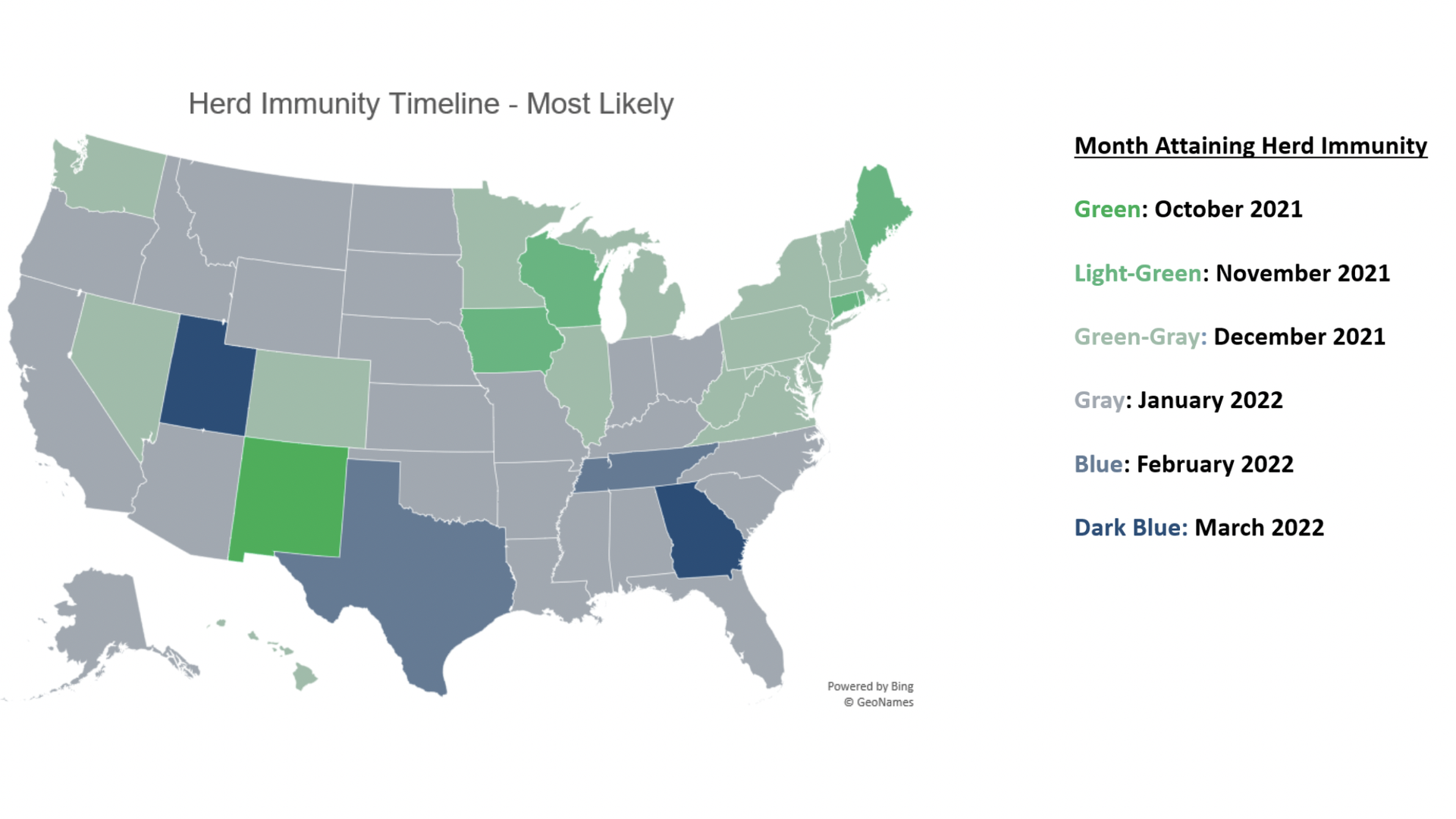 A map showing when herd immunity is likely to happen. Iowa is at October.