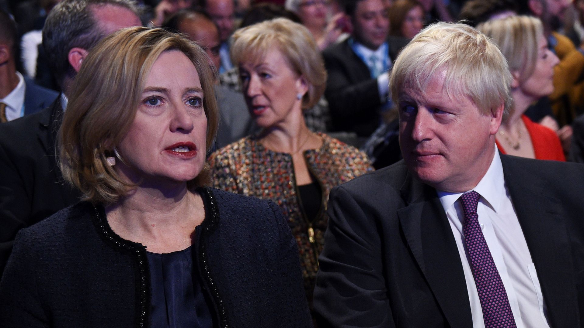 Amber Rudd and Boris Johnson at the Conservative Party annual conference at the Manchester Central Convention Centre in Manchester, northwest England, on October 4, 2017