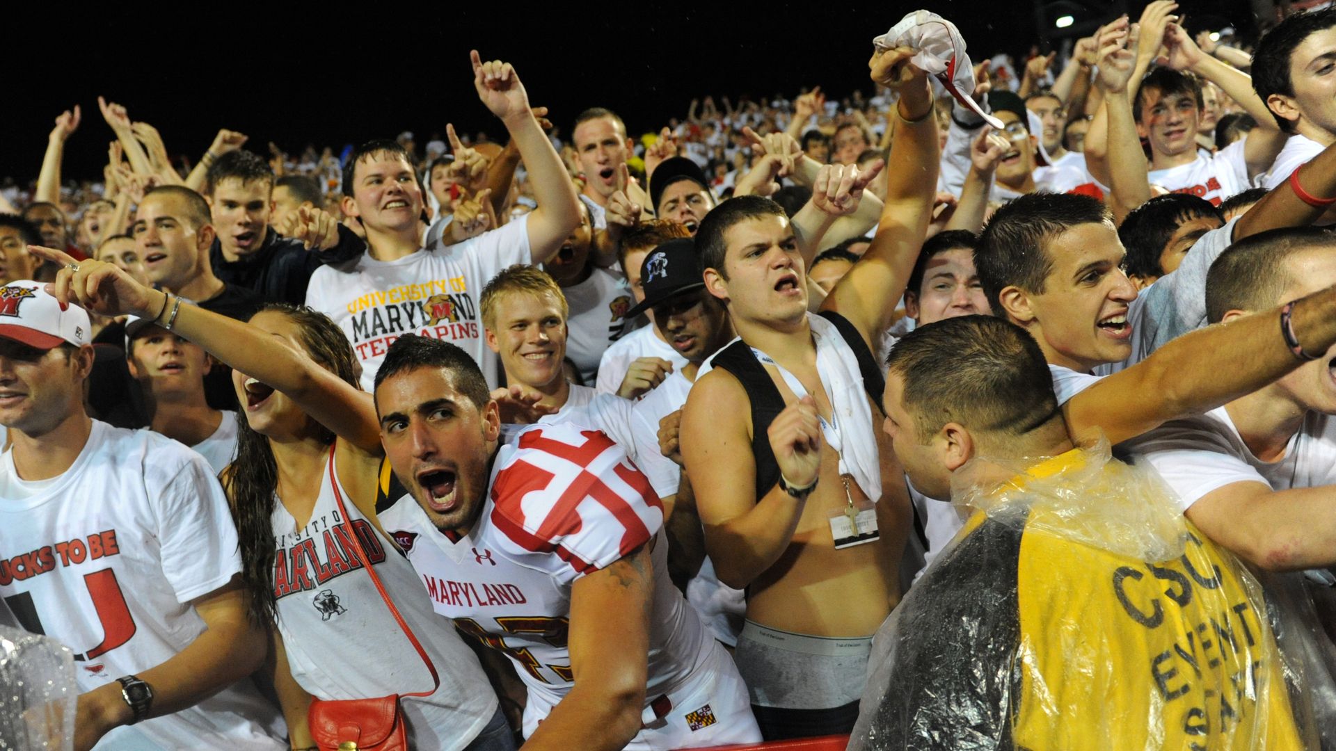 A group of rowdy fans at Maryland's football stadium.
