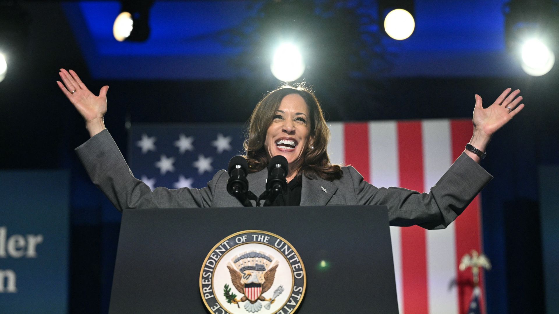 Vice President and Democratic presidential nominee Kamala Harris speaks about reproductive rights at a campaign event at the Cobb Energy Center in Atlanta, Georgia, on September 20, 2024. 