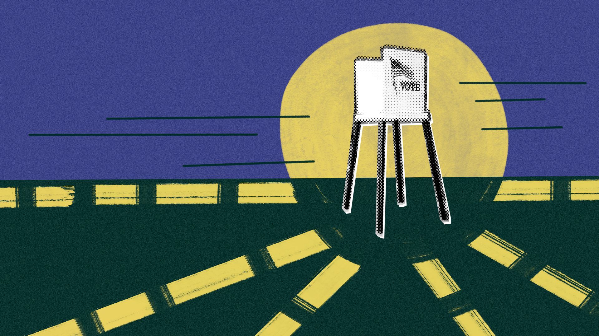 Illustration of a voting booth at the center of a crossroads. 