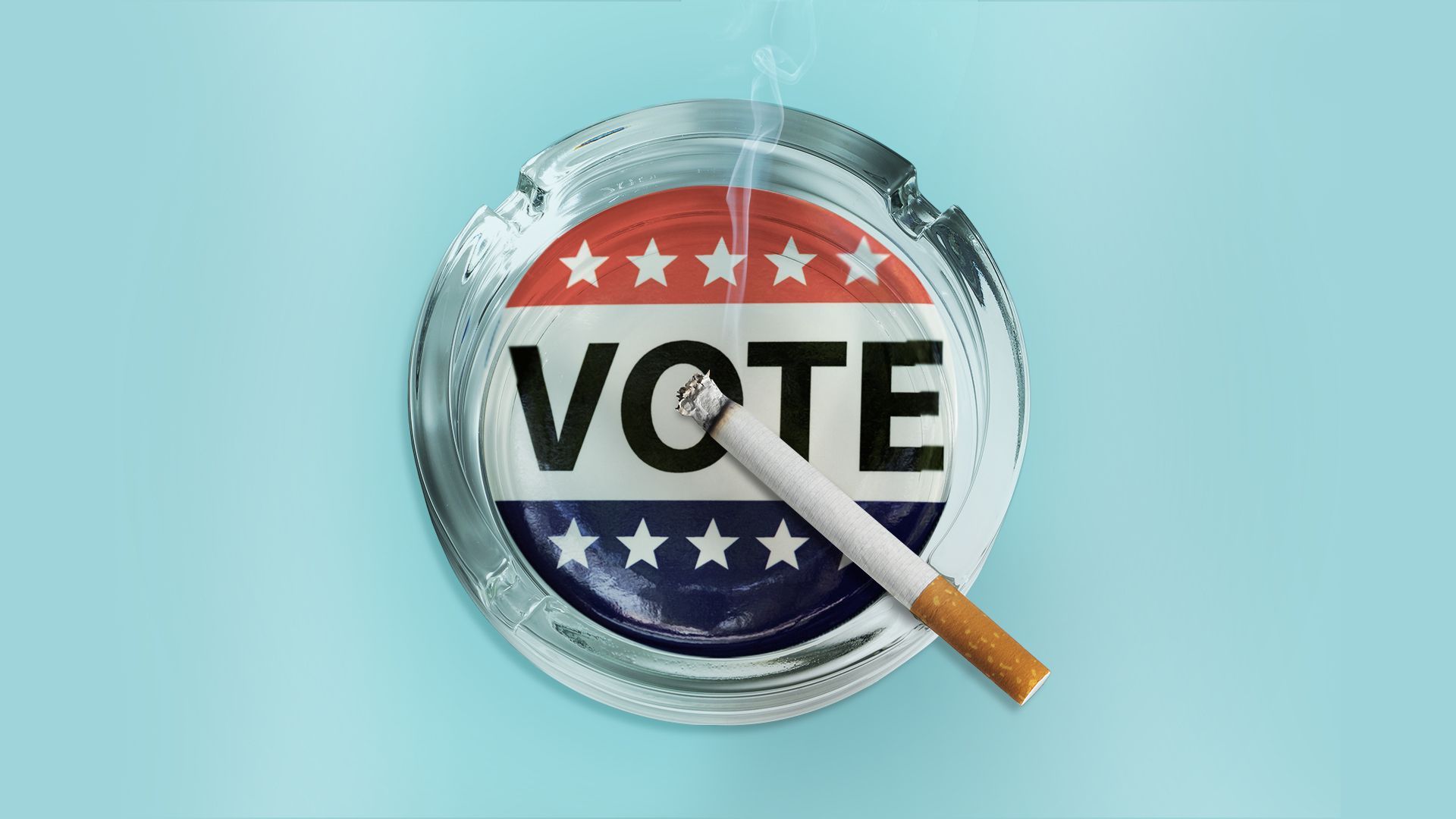 Illustration of a cigarette resting on an ash tray with a vote button inlaid. 