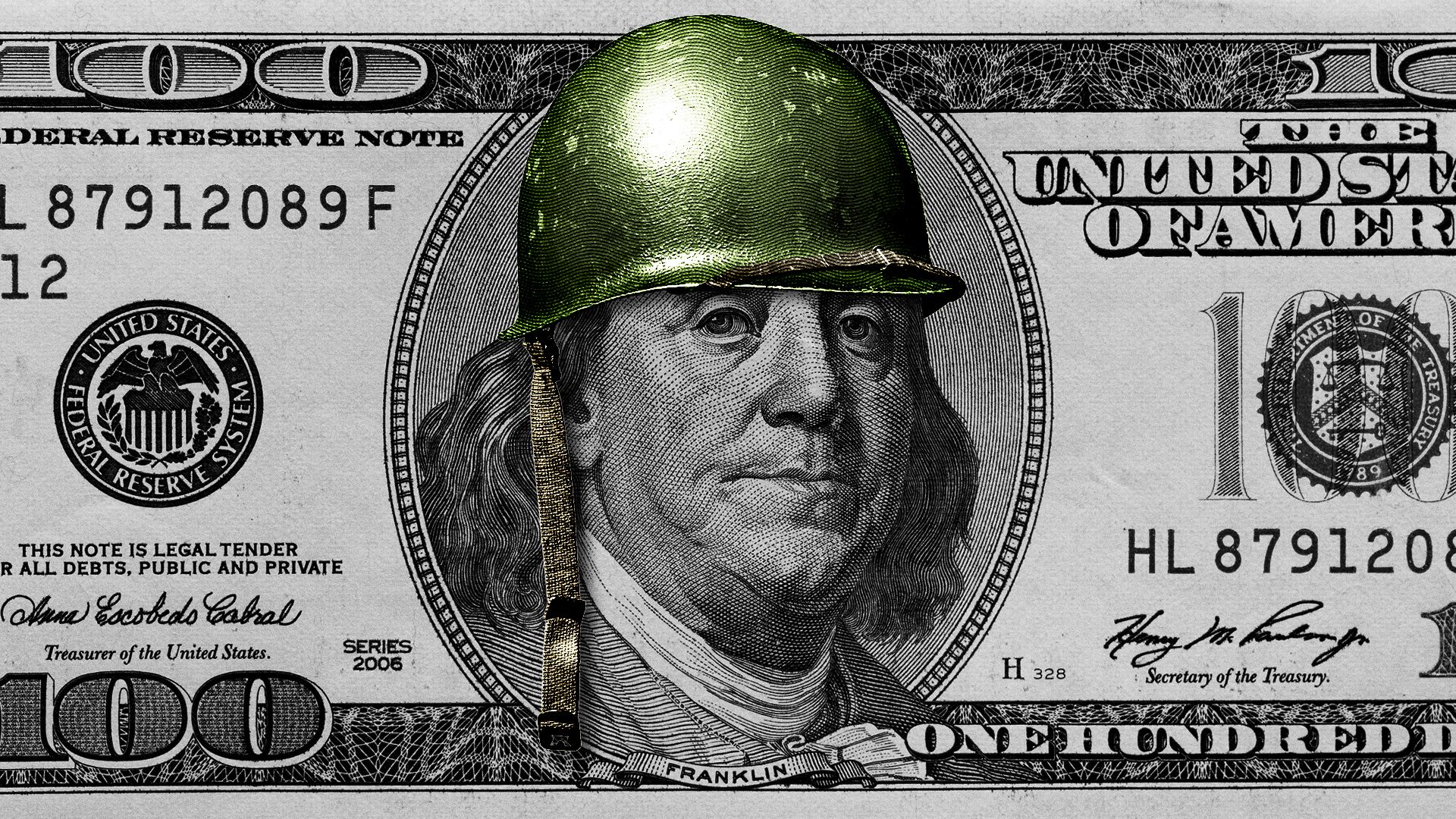 Illustration of Benjamin Franklin on the one hundred dollar bill wearing an army helmet. 