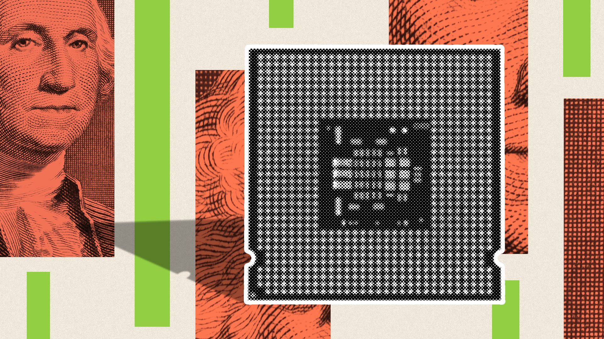 Illustration collage of a computer chip set amongst graphic shapes and close-up crops of a one dollar bill