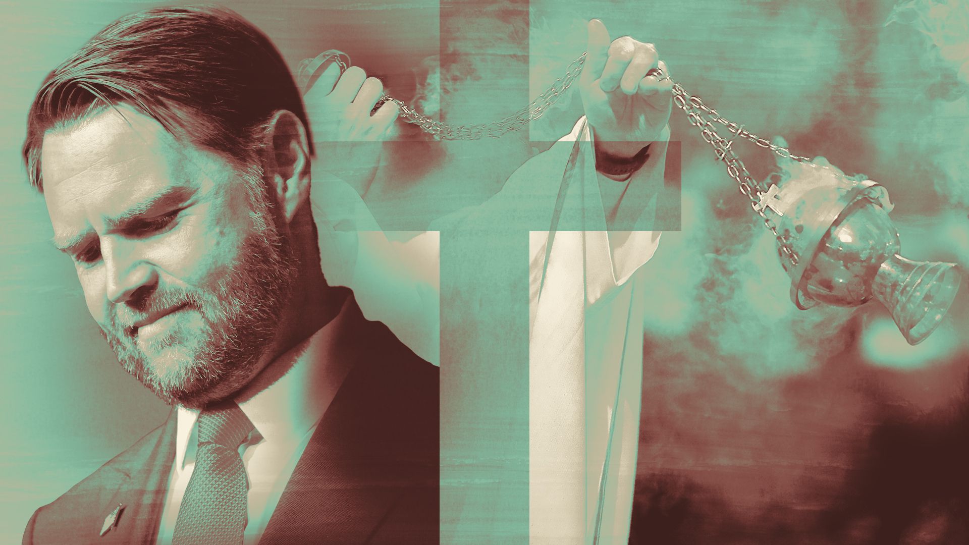 Photo illustration of Vice President JD Vance, a cross, and a Catholic priest