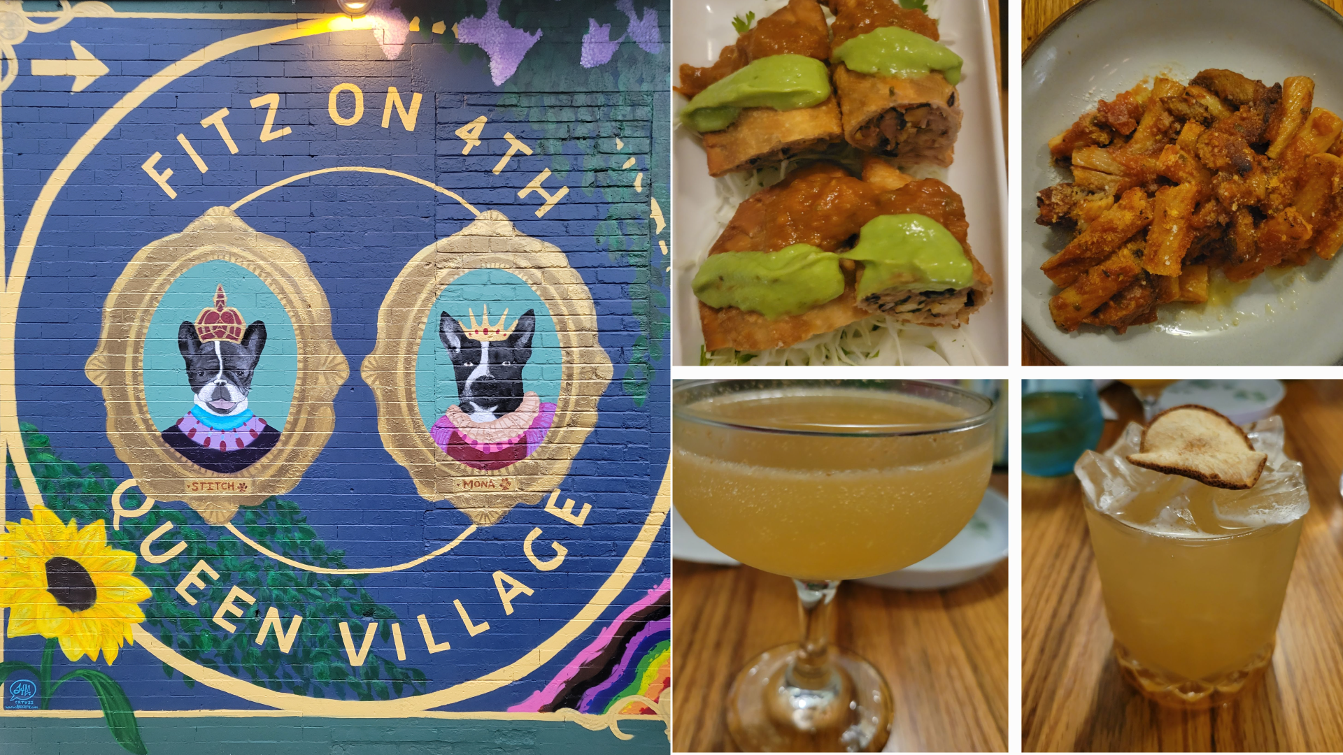 Mural of two dogs at Fitz on 4th restaurant in Philly's Queen Village, and a collage of drink and dinner offerings.