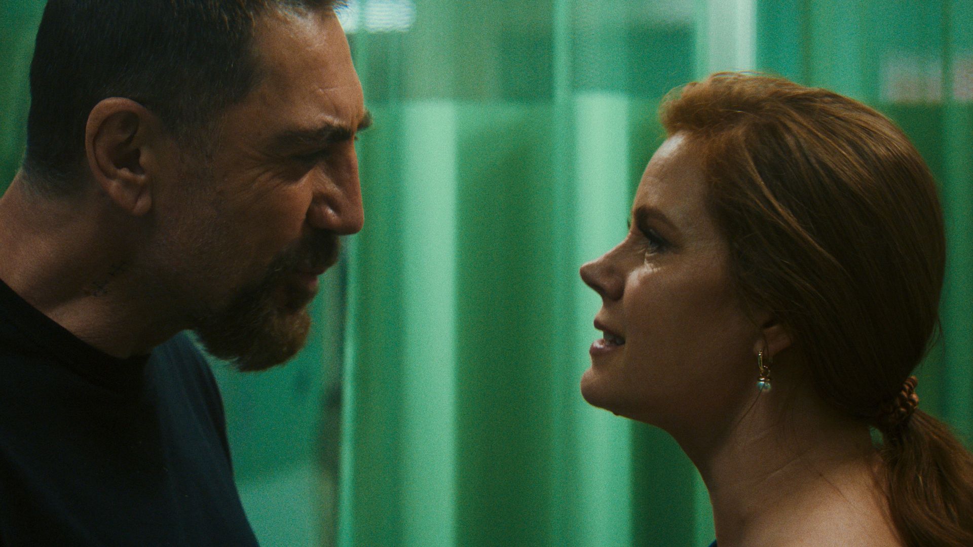 Close-up of a bearded Javier Bardem, left, and red-haired Amy Adams, right, facing each other in front of a green background.