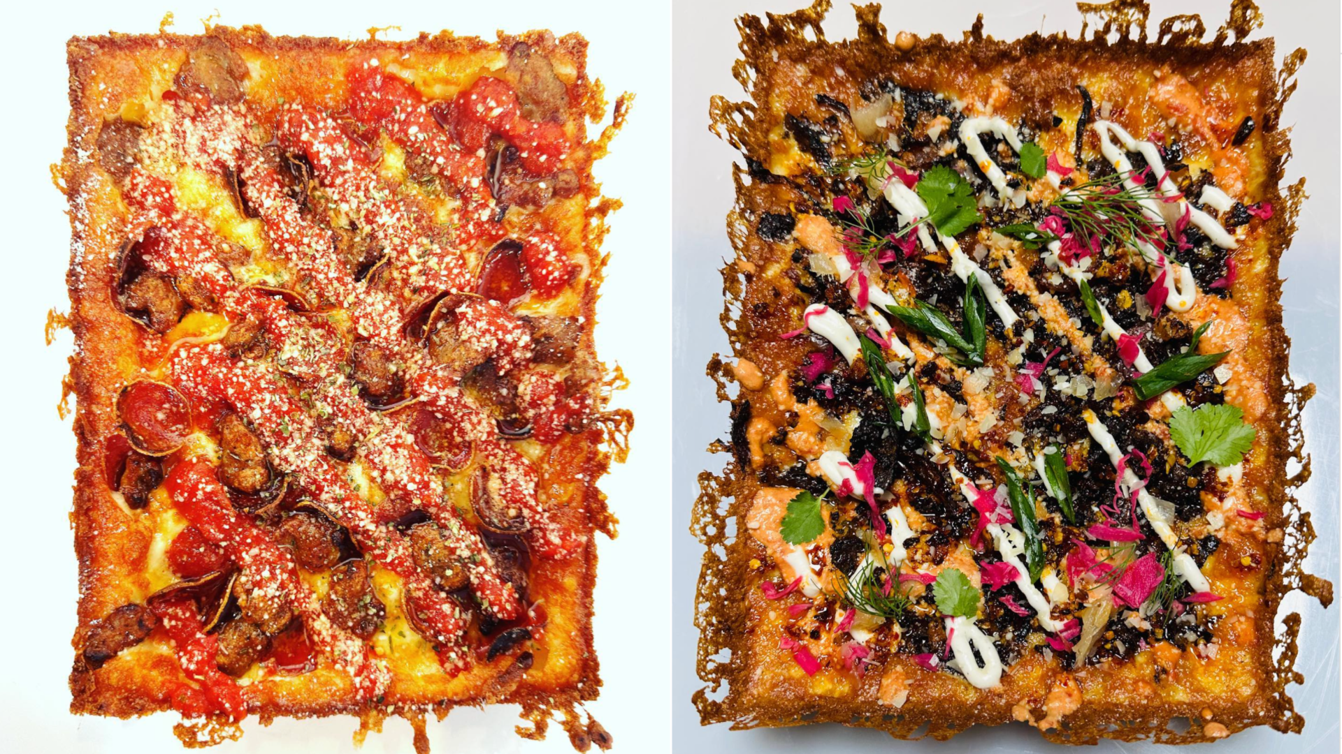 Two rectangular pizzas side by side, one with sausage and the other with various colorful toppings