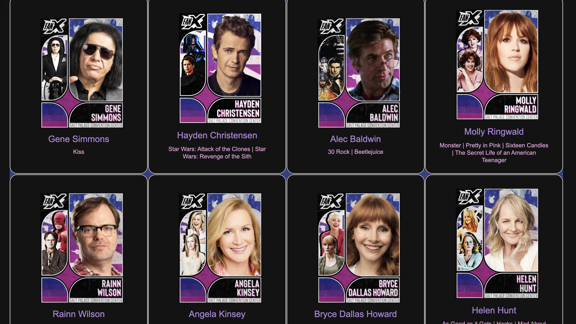 Grid of FanX poster cards on a dark background; each card features a collage portrait with purple accents and a purple caption area beneath the image.